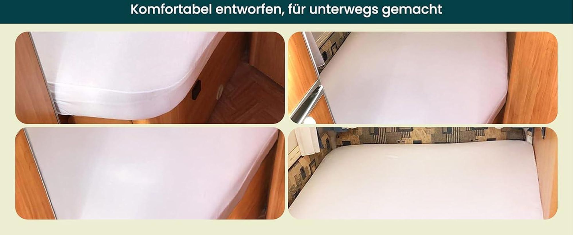Praktische Fotos, die das Spannbettlaken auf einer Queen-Size-Wohnmobilmatratze zeigen.