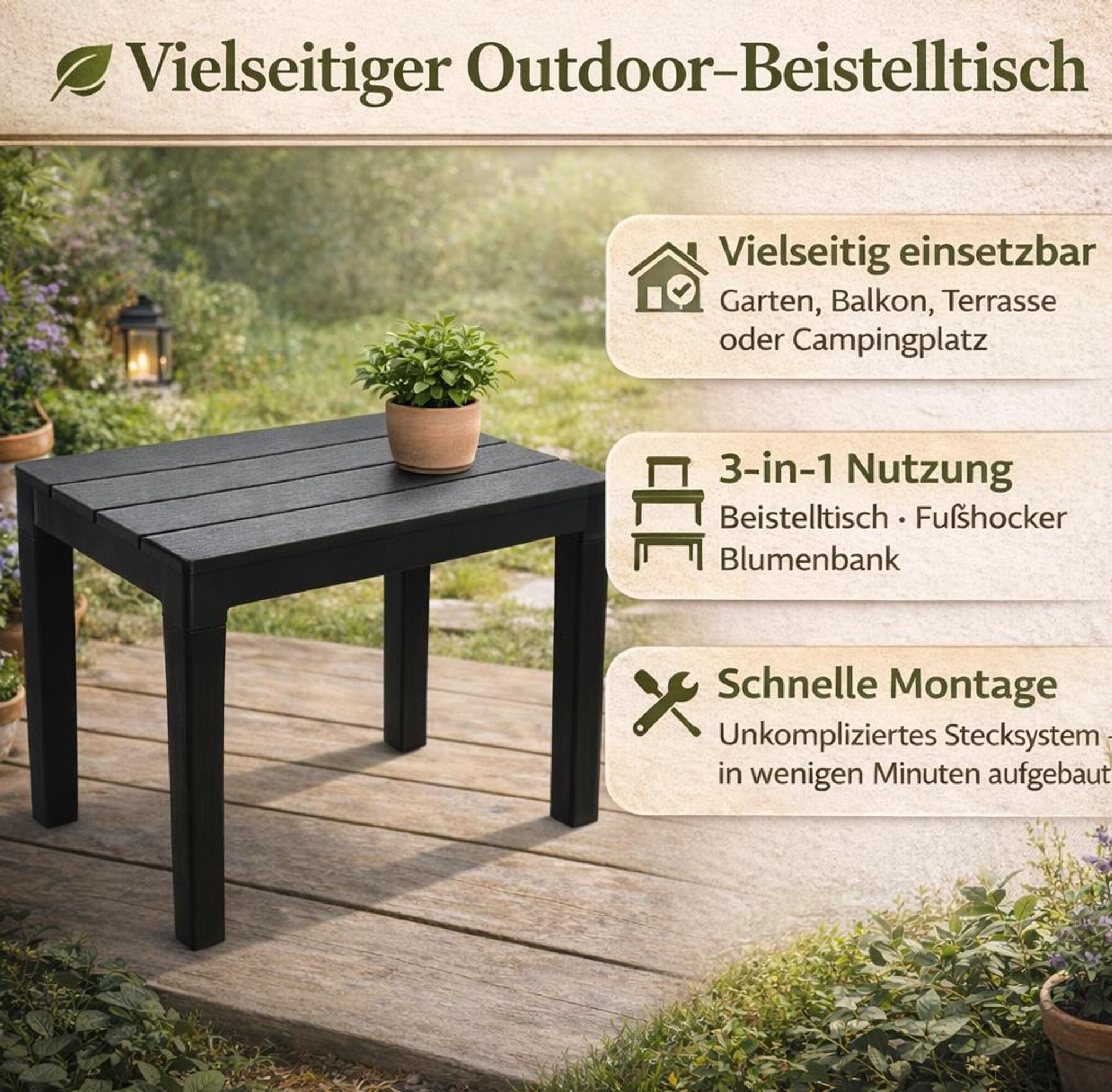 2er Set Garten Beistelltisch Anthrazit 60x39x45,5 cm Kunststoff Holzoptik Wetterfest Balkontisch Outdoor Terrasse Camping Stabil