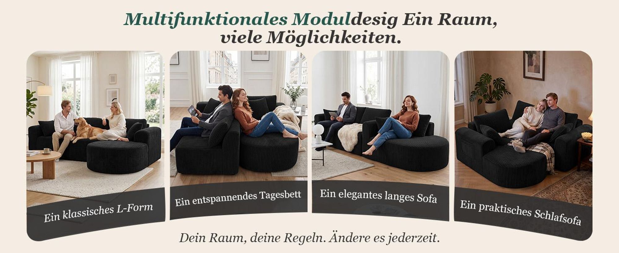Sofa Ecksofa mit Schlaffunktion, Corduroy Modulares Boneless Couch mit Chaiselongue, L-Form Schlafsofa, Sektionssofas mit Kissen & Seitentaschen 243cm