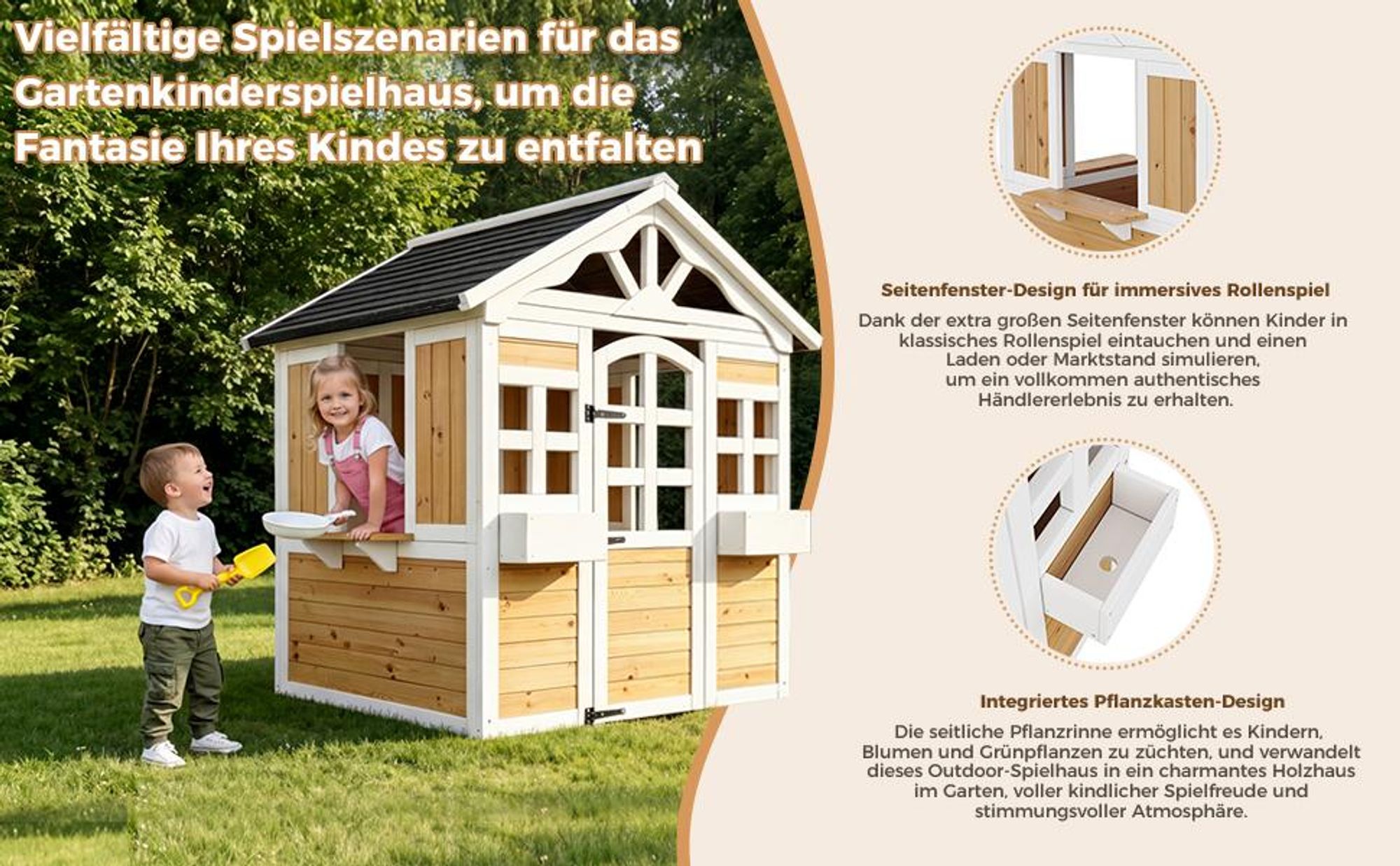 Merax Garten Kinderspielhaus aus Holz Spielhaus, Kinder Outdoor, Gartenspielhaus mit Türen Und Fenstern, Baumhaus Für Garten, Wetterfest, Natur