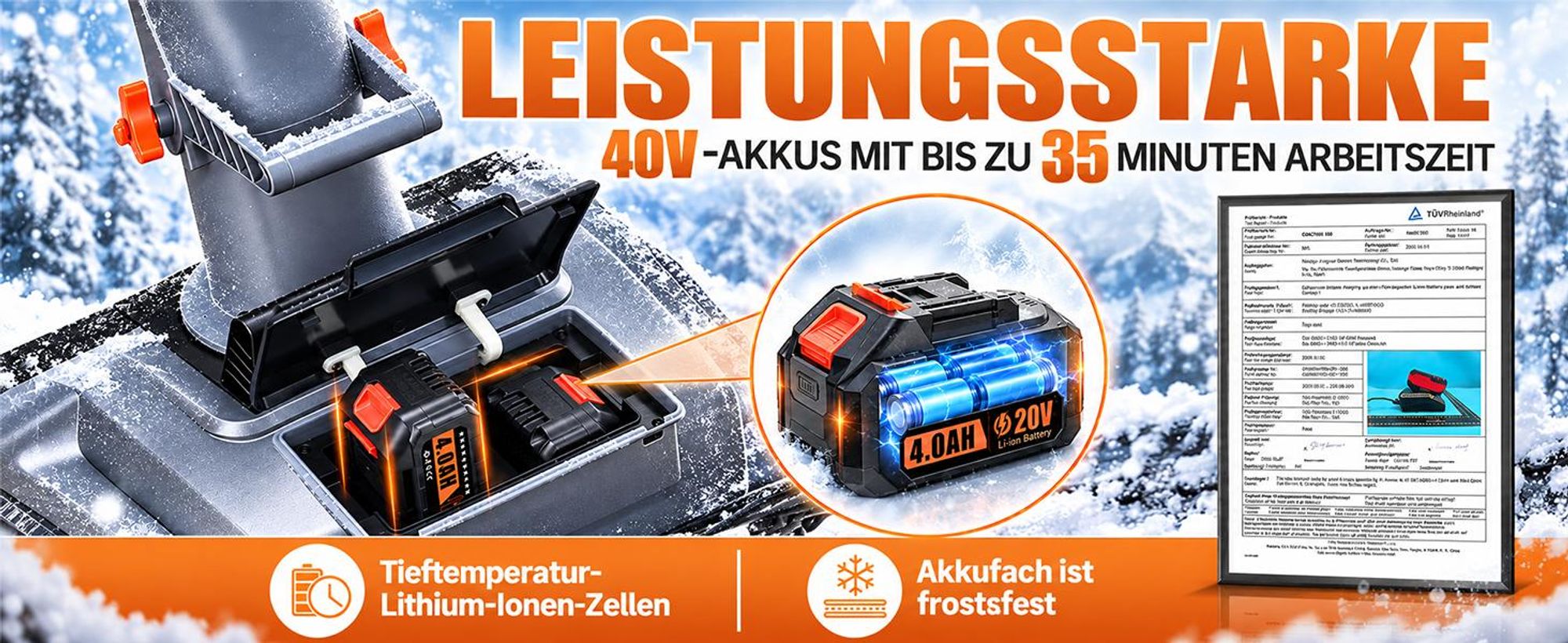 1400W Akku-Schneefräse mit 2 Akku | Brushless Motor 6500RPM | Schneeschaufel Schneeschieber 46cm Arbeitsbreite | 7m Wurfweite | 180° drehbarer