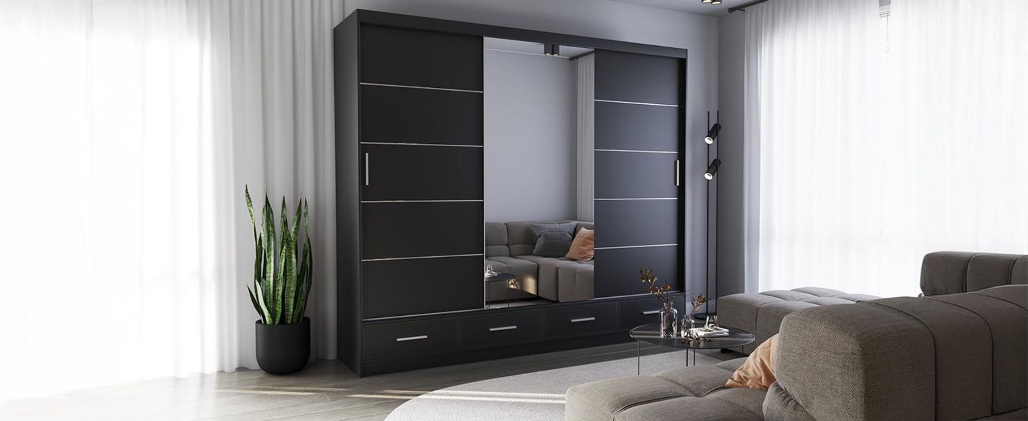 Schwebetürenschrank Kleiderschrank 250 cm Schwarz/Schwarz matt mit Spiegel Florence