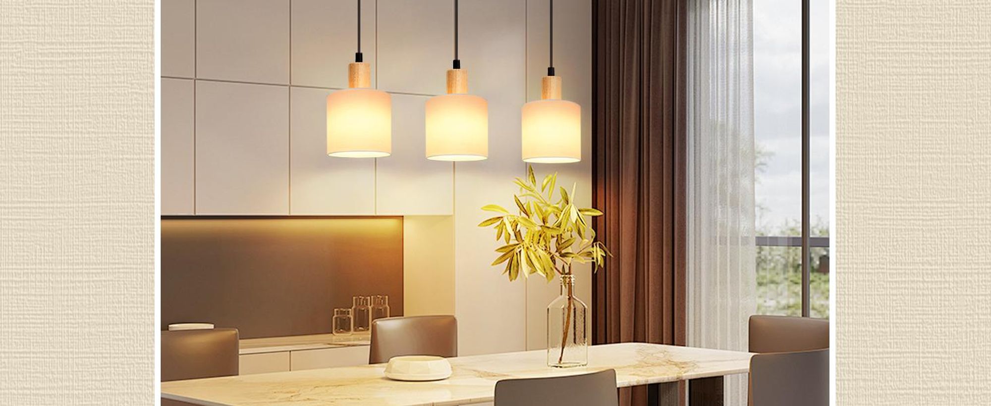 ZMH Pendelleuchte Holz Weiß Esstischlampe 3 Flammig Vintage Hängeleuchte E14 Hängelampe mit Stoffschirm für Wohnzimmer Restaurant Schlafzimmer Küche