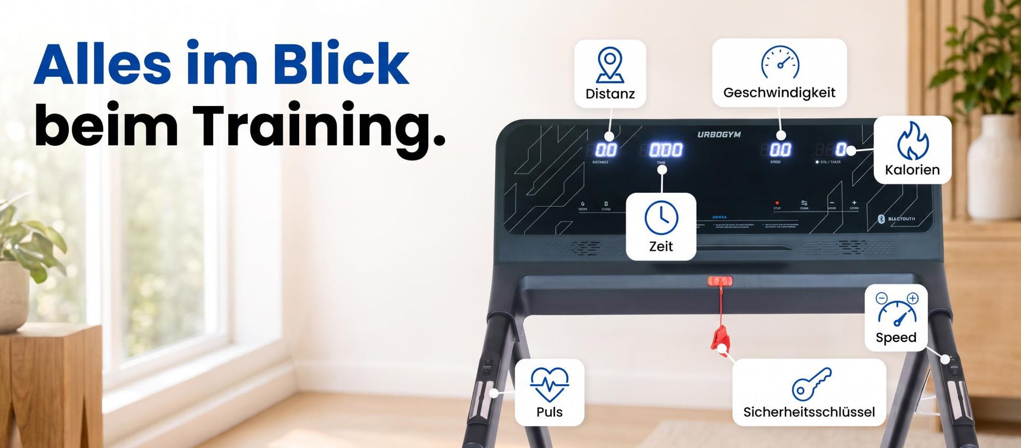 URBOGYM RUSH Laufband klappbar bis 16 km/h, 140 kg, 45 x 130 cm Lauffläche, 3 Steigungsstufen, 15 Programme, Bluetooth, Kinomap & Zwift, LED Display