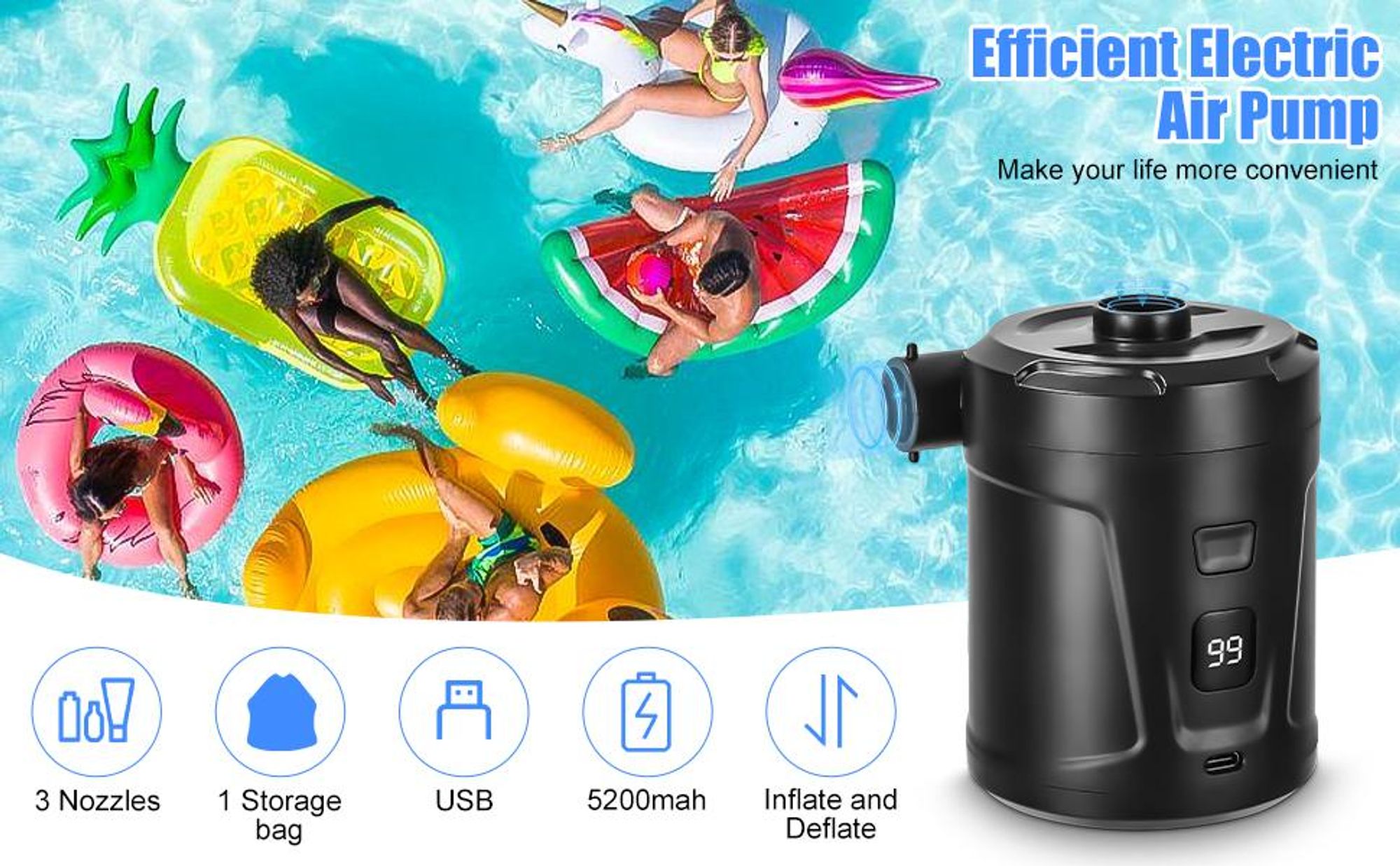 Elektrische Luftpumpe, 5200mAh Akku Luftpumpe, Elektrische Luftpumpe, Mini Luftpumpe, Tragbar Elektropumpe, mit 4 Luftdüsen