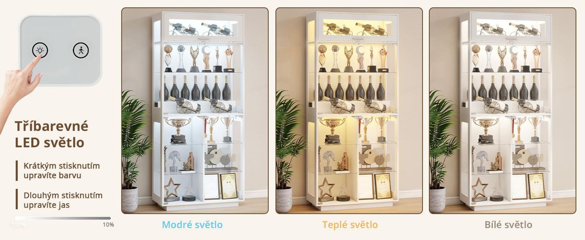 Skleněná vitrína Puluomis s osvětlením ve 3 barvách a senzorem, bezúchytková vitrínová skříň, rozměry 80 x 35 x 180 cm, vhodná pro vystavení v obývacím pokoji nebo ložnici