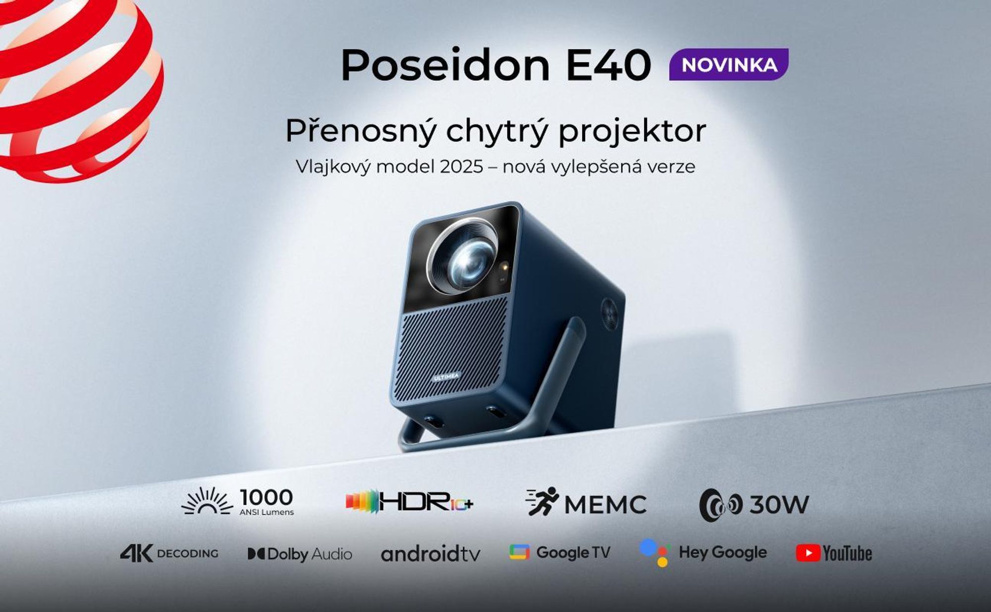 ULTIMEA projektor Android TV 11.0 s NETFLIX, podpora domácího kina 4K, svítivost 1000 ANSI lumenů, Dolby Audio, design s rukojetí pro přenášení, Poseidon E40 Smart Series