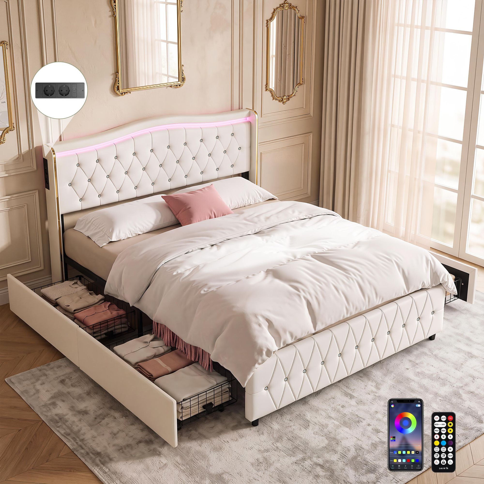 OYAJIA Polsterbett 90x200cm mit LED, Doppelbett mit 2 Schubladen Stauraum und Kopfteil, Stauraumbett Jugendbett mit USB&Type-C, Kunstleder Bettgestell