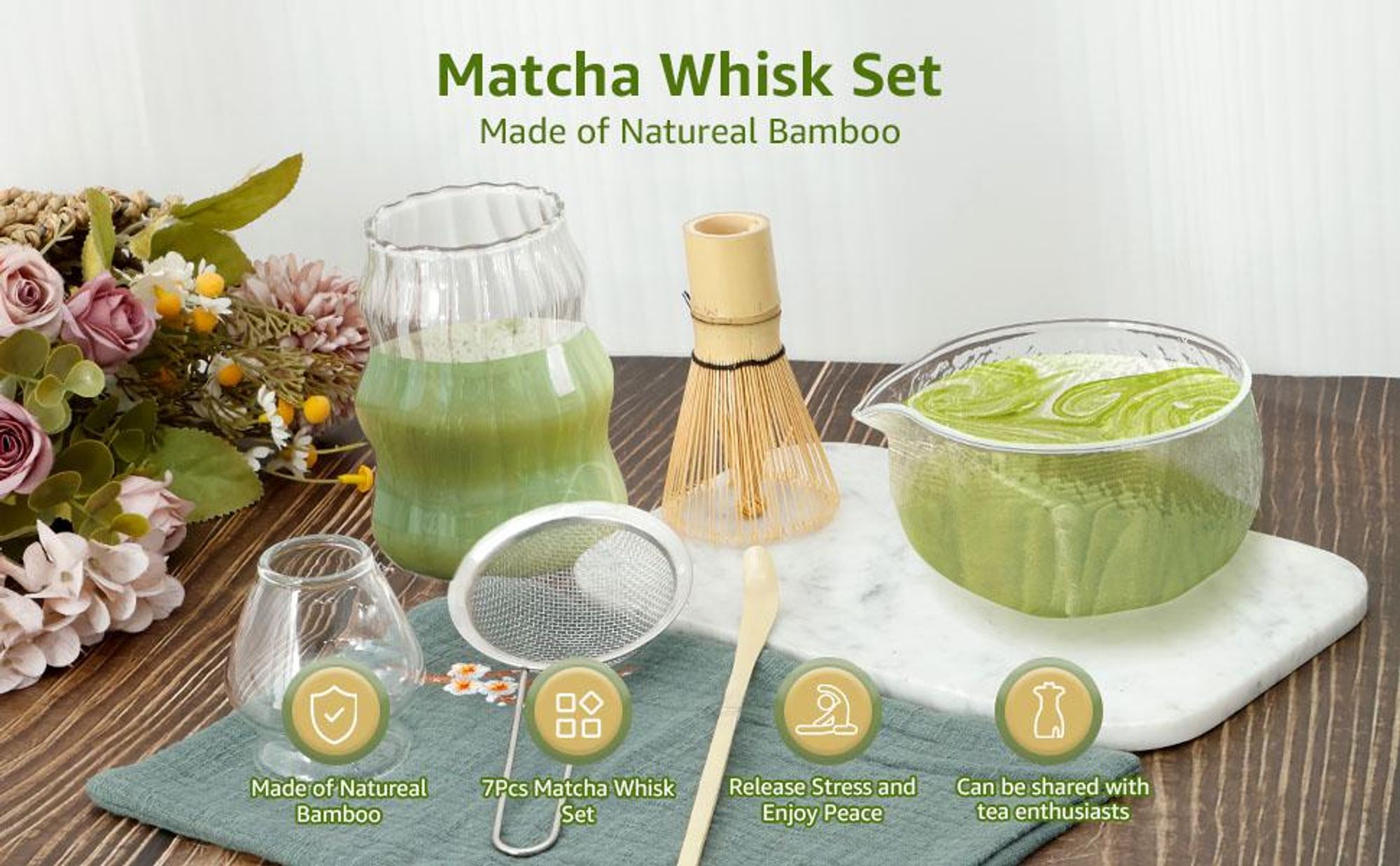 Matcha Teezeremonie Set, Matcha Komplett-Set, Japanisches Matcha-Set, Matcha-Set, Matcha Schneebesen, Glas Schale, Teelöffel, Tasse, Sieb, Teetuch