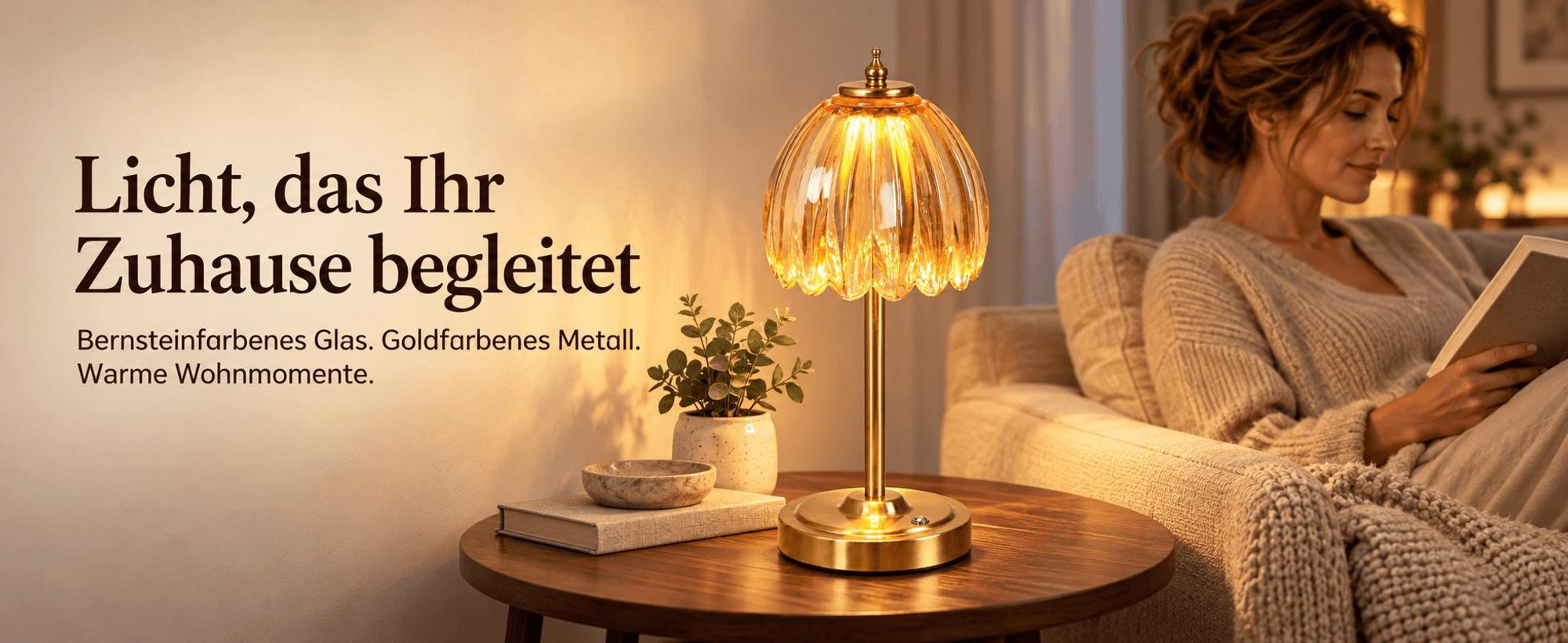 Akku-Tischlampe mit bernsteinfarbenem Glasschirm, Touch-Steuerung, 3 Lichtfarben, stufenlos dimmbar, USB-C, 34 cm, für Schlafzimmer und Wohnzimmer