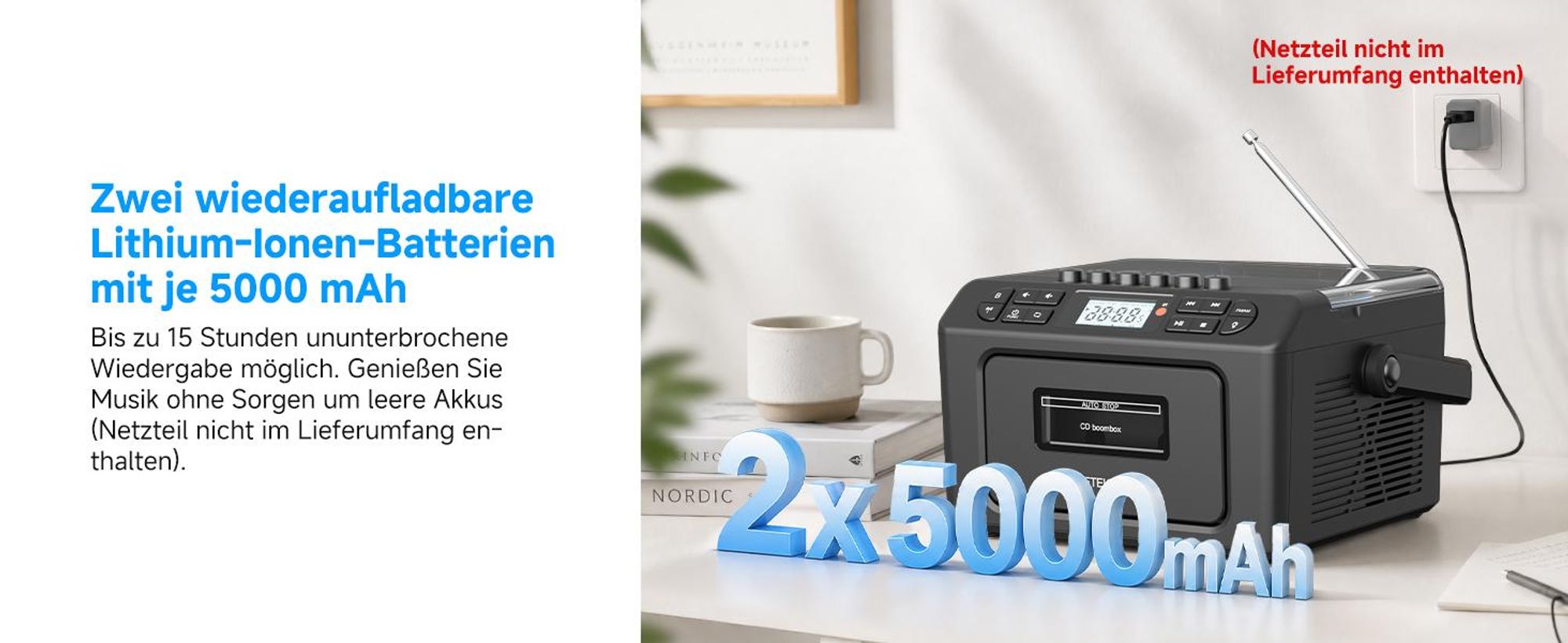 Retekess TR642 CD Player mit Kassette,3W Lautsprecher,Stereo, Bluetooth,AM/FM-Radio,AUX,5000mAh Akku,Boombox Kassettenspieler für Kinder Erwachsene