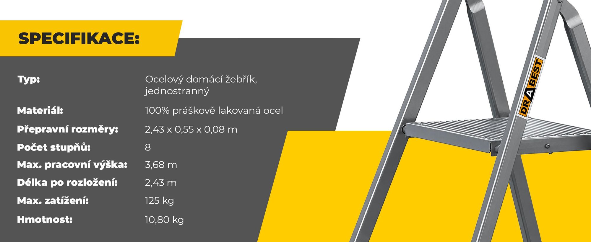 DRABEST | ocelový žebřík, žebřík pro domácnost, žebřík 8 stupňů, skládací schůdky, ocelový, univerzální, do 125 kg