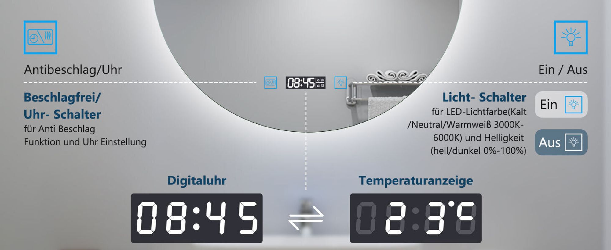 AICA LED Badspiegel Rund 70cm mit Touch/Wandschalter Beschlagfrei Kalt/Neutral/Warmweiß Dimmbar Badezimmerspiegel mit Uhr und 3-Fach Kosmetikspiegel IP44