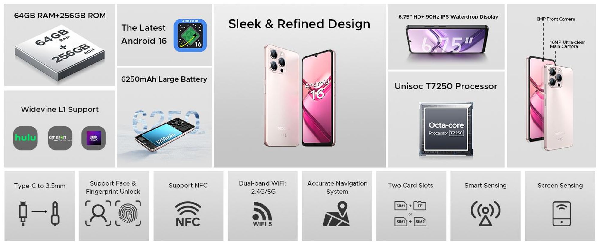 DOOGEE Note58 Pro, smartphone, Android 16, 6,75" displej s obnovovací frekvencí 90 Hz, baterie 6250 mAh, 64 GB RAM + 256 GB interní paměť, 4G, 16MP fotoaparát, NFC, čtečka otisků prstů, bez smlouvy