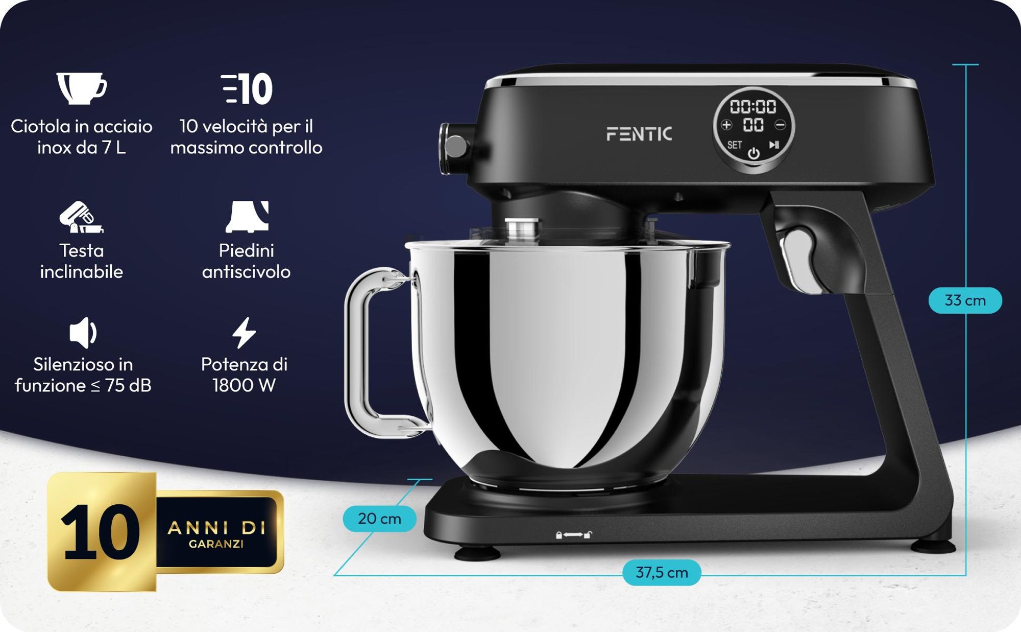 Fentic Impastatrice Planetaria 1800W, Ciotola Inox 7L, Robot da cucina per pane e pizza, 10 velocità con timer & Paraspruzzi