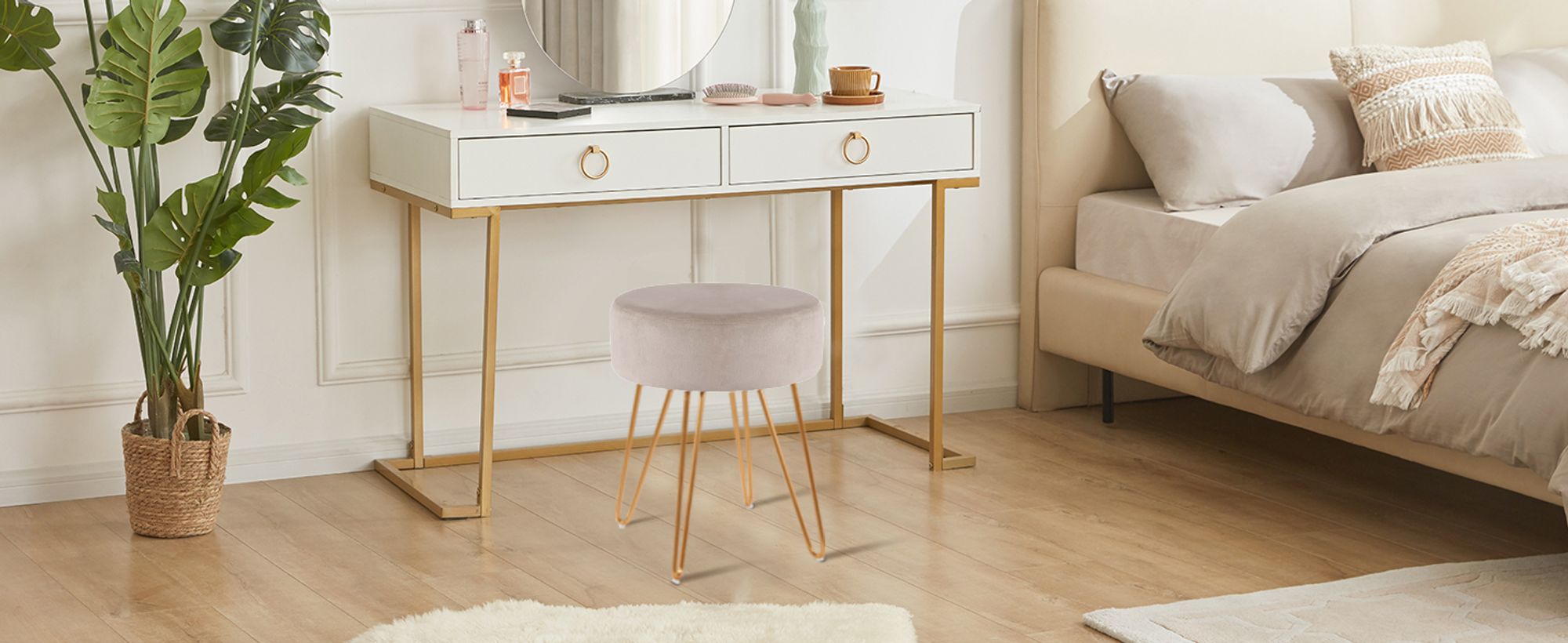 Duhome Sitzhocker Rund Polsterhocker aus Samt Hocker Schminktisch mit Metallbeine, Khaki