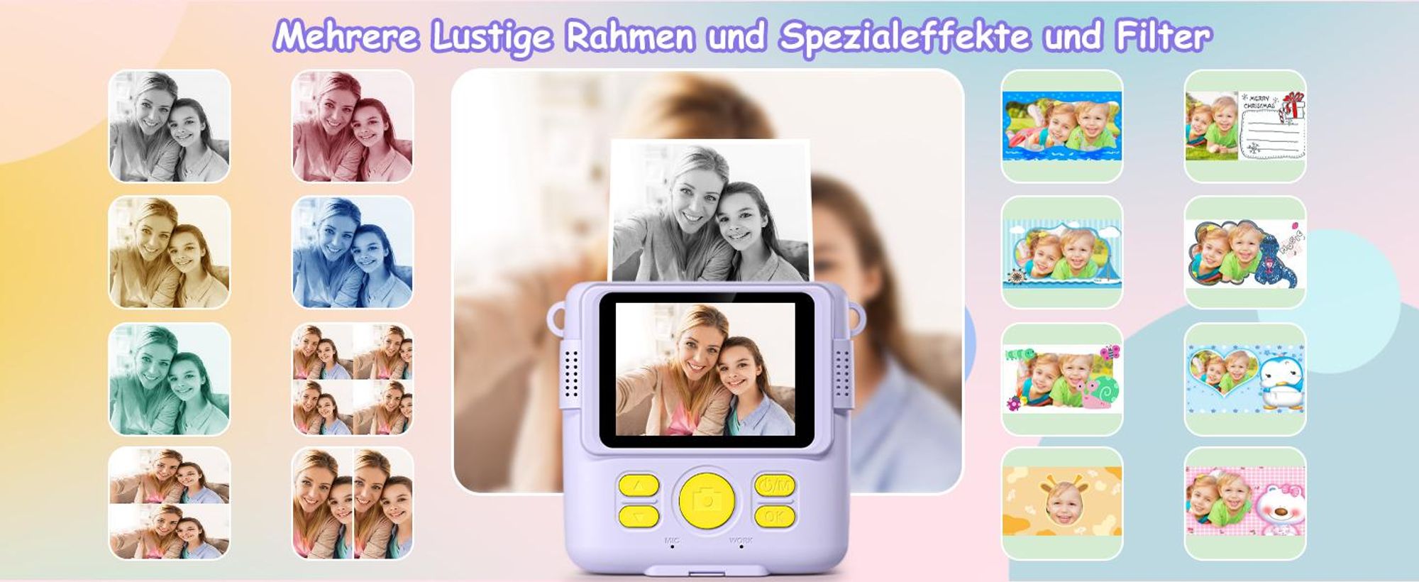 Kinderkamera, Sofortbildkameras, Sofortbildkamera, 1080P HD Sofortdruck von Fotos, 2.4 Zoll Bildschirm Digitalkamera mit 16x Digitalzoom, 32GB Karte