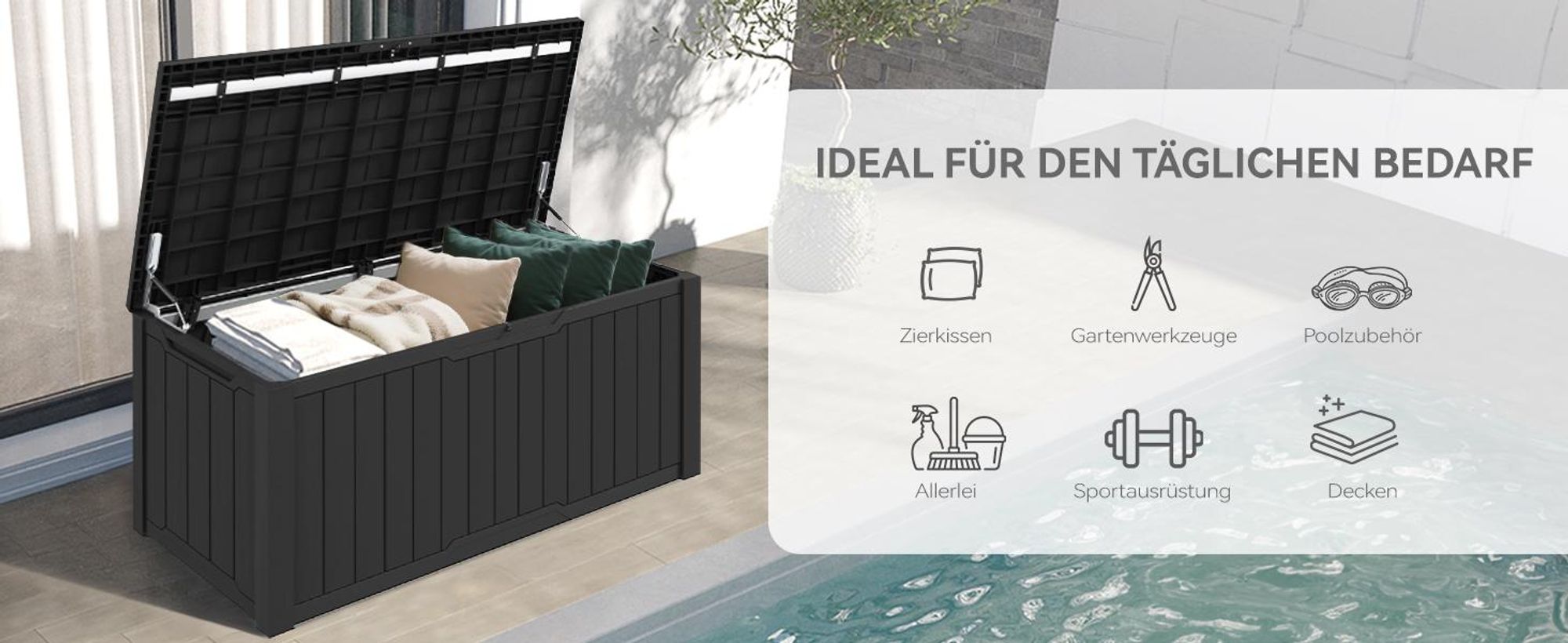Gartenbox 833 L, XXL Aufbewahrungsbox mit Gasdruckfeder Deckel, Kissenbox, Wetterfest, 159,5 × 76,5 × 69 cm, Schwarz