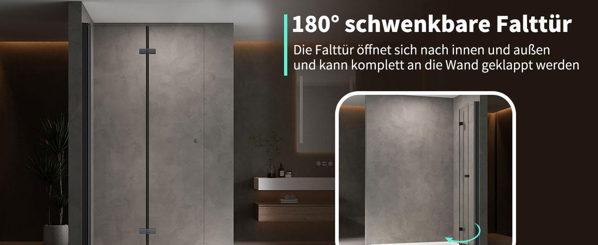 Duschabtrennung Walk in Falttür Dusche 70 x 185cm Faltbar & Drehbar Duschwand 6mm ESG Glas Duschtrennwand Schwarz Glaswand