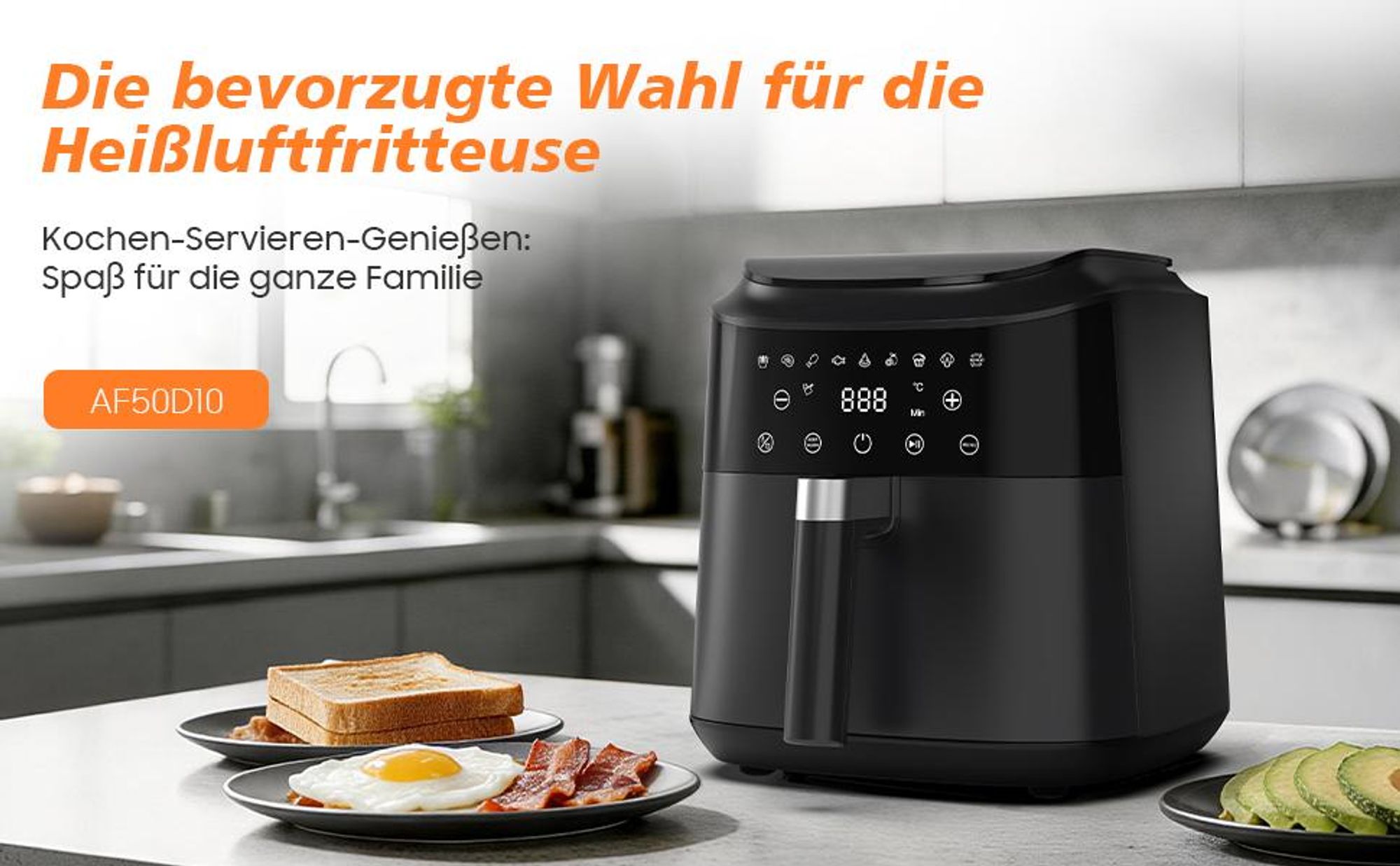 Heißluftfritteuse, 6 Liter, 9 Kochprogramme, Temperaturbereich 40–200 °C, Warmhaltefunktion, antihaftbeschichteter Korb spülmaschinenfest