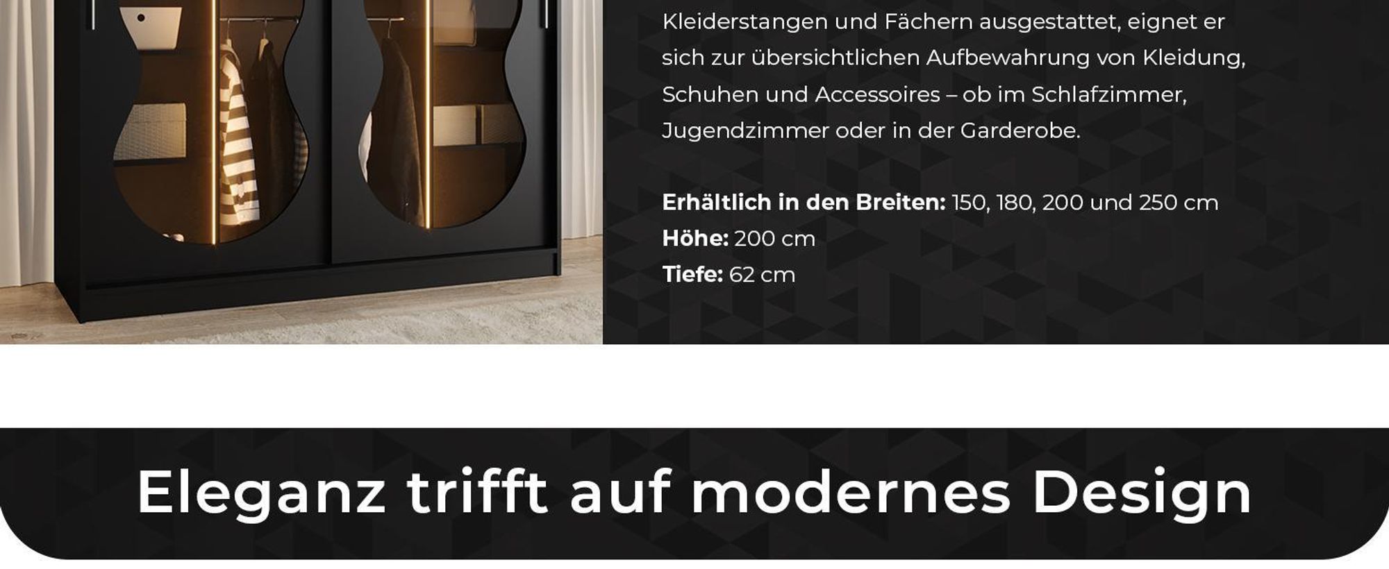 MEBLE KRYSPOL Kleiderschrank mit Glas 180 x 200 x 62 cm BAHRAJN 2, Schwarz