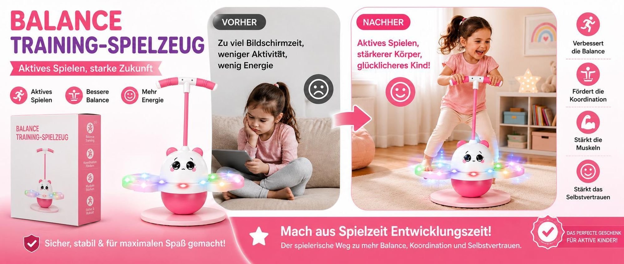 Hüpfendes Balancier Trainingsspielzeug mit LED-Leuchten, Balance Board für Kinder - HOPLINKA Rosa