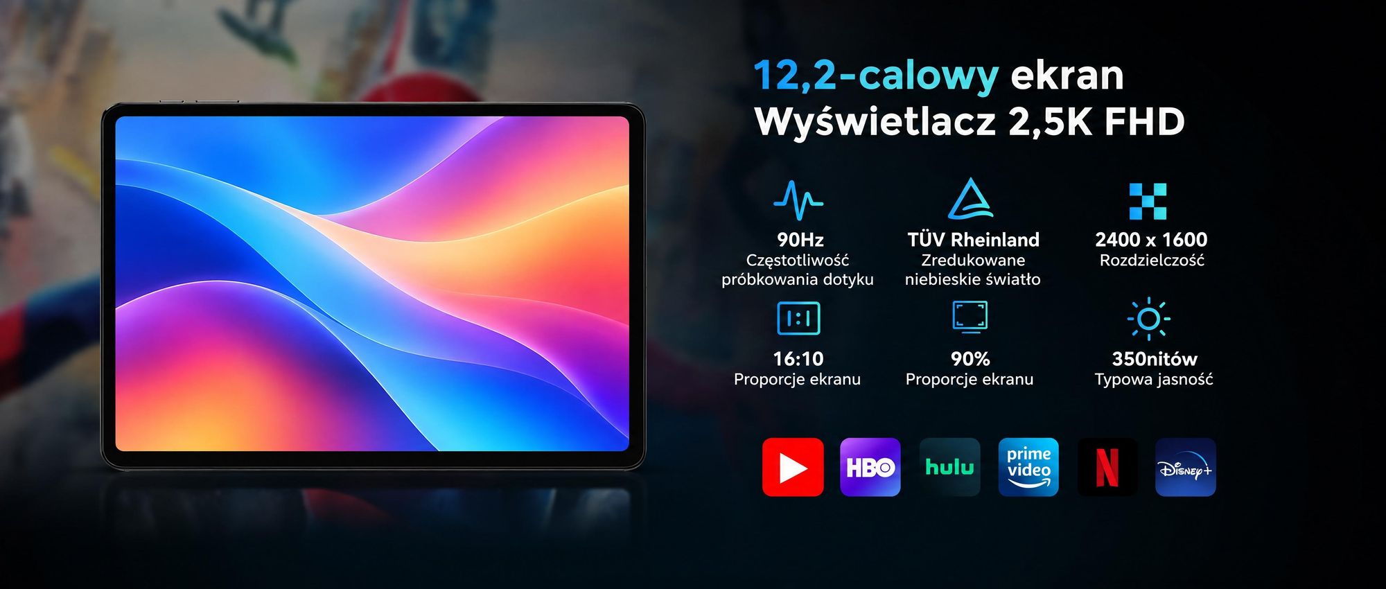 Tablet T60 z systemem Android 16, wyświetlacz 12,2" o rozdzielczości 2,5K, 48 GB pamięci RAM + 256 GB pamięci ROM + możliwość rozbudowy do 2 TB za pomocą karty TF, procesor Octa-Core, bateria 10 000 mAh i sztuczna inteligencja Gemini