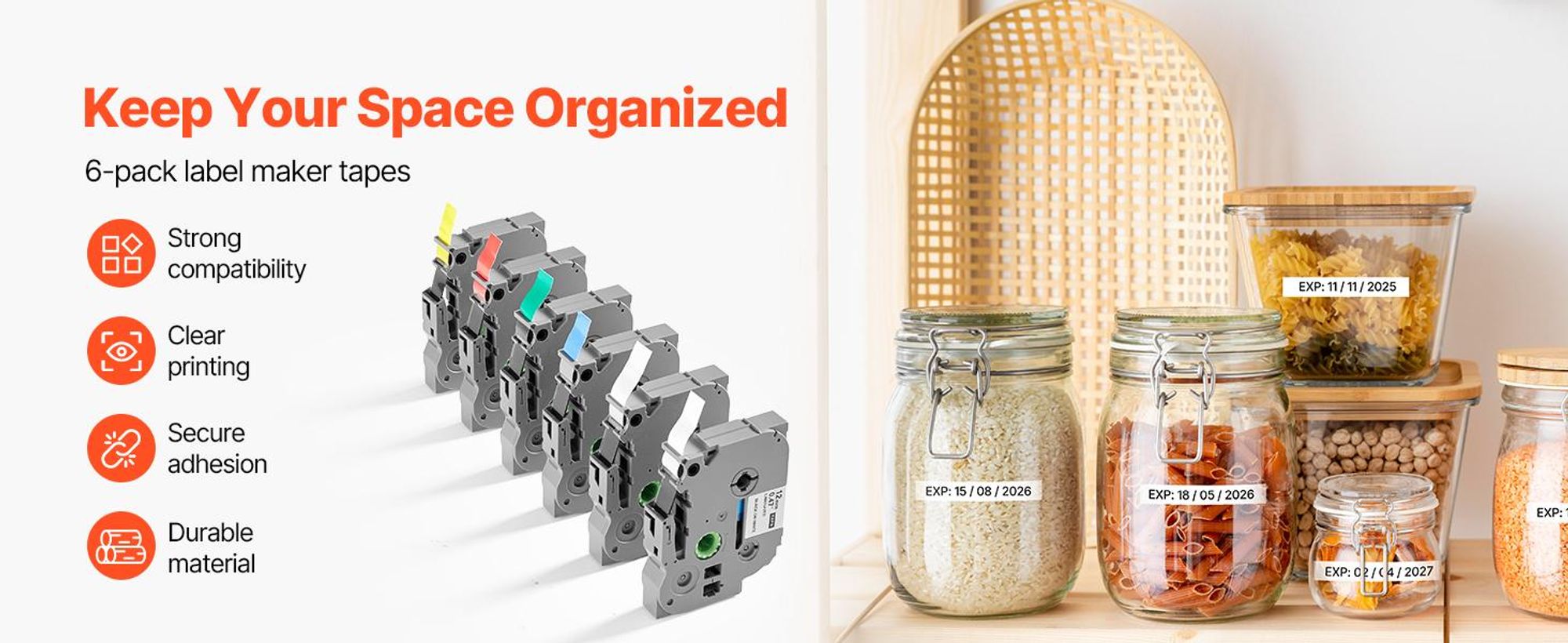 VEVOR Schriftand, 6er-Pack, 12 mm, farbig, kompatibel mit verschiedenen Typen von Brother P-Touch, PT-1230PC, PT-1280, PT-D200, PT-P400, für TZe-131 TZe-231 TZe-431 TZe-531 TZe-631 TZe-731