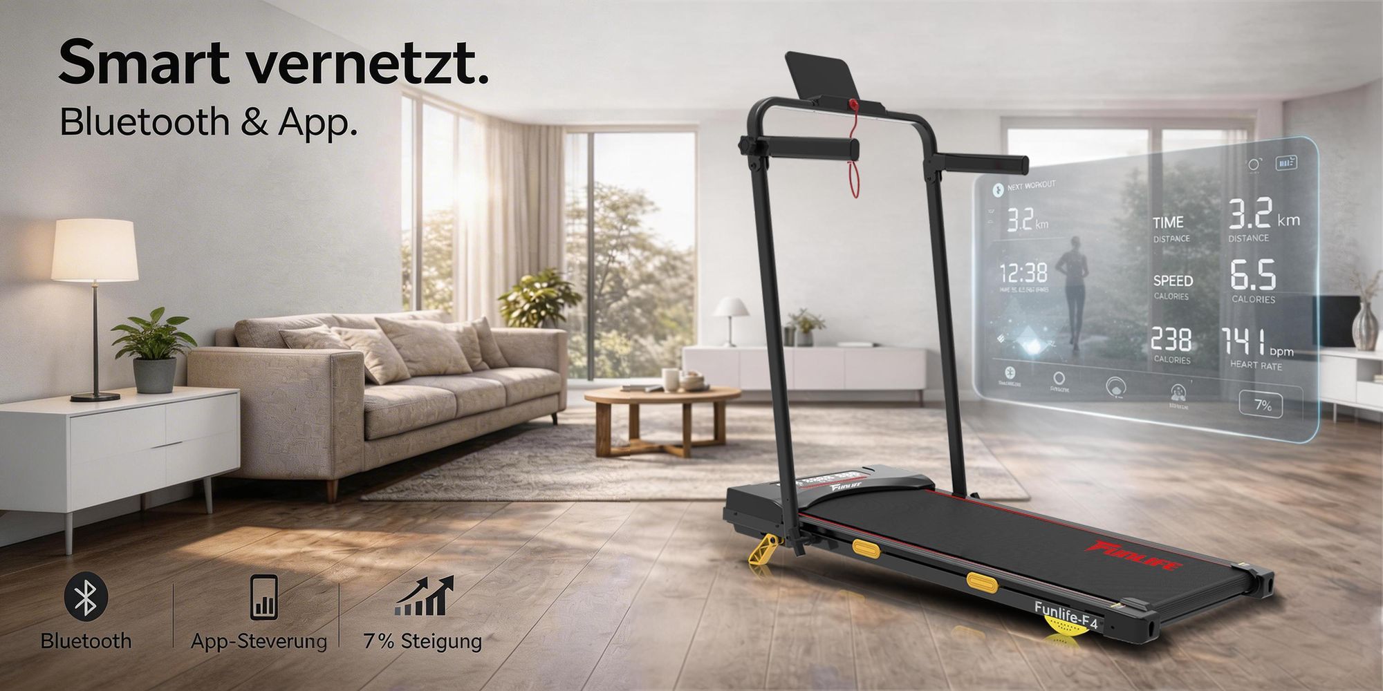 FunLife F4 Bieżnia do domu z funkcją nachylenia, składana bieżnia do chodzenia, bieżnia pod biurko, mocny, cichy silnik, podwójne sterowanie, kompaktowa z amortyzacją, niebieska