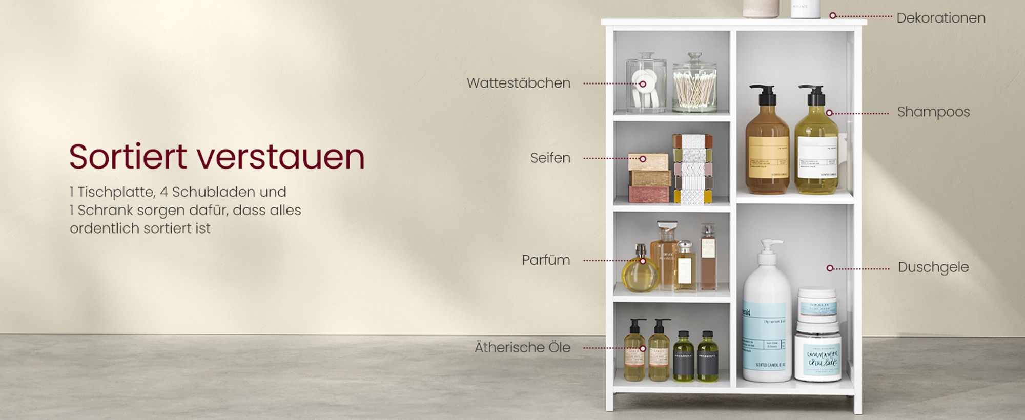VASAGLE Badezimmerschrank, schmaler Badschrank, Beistellschrank, Kommode, mit 4 Schubladen, Schranktür, verstellbare Ablage