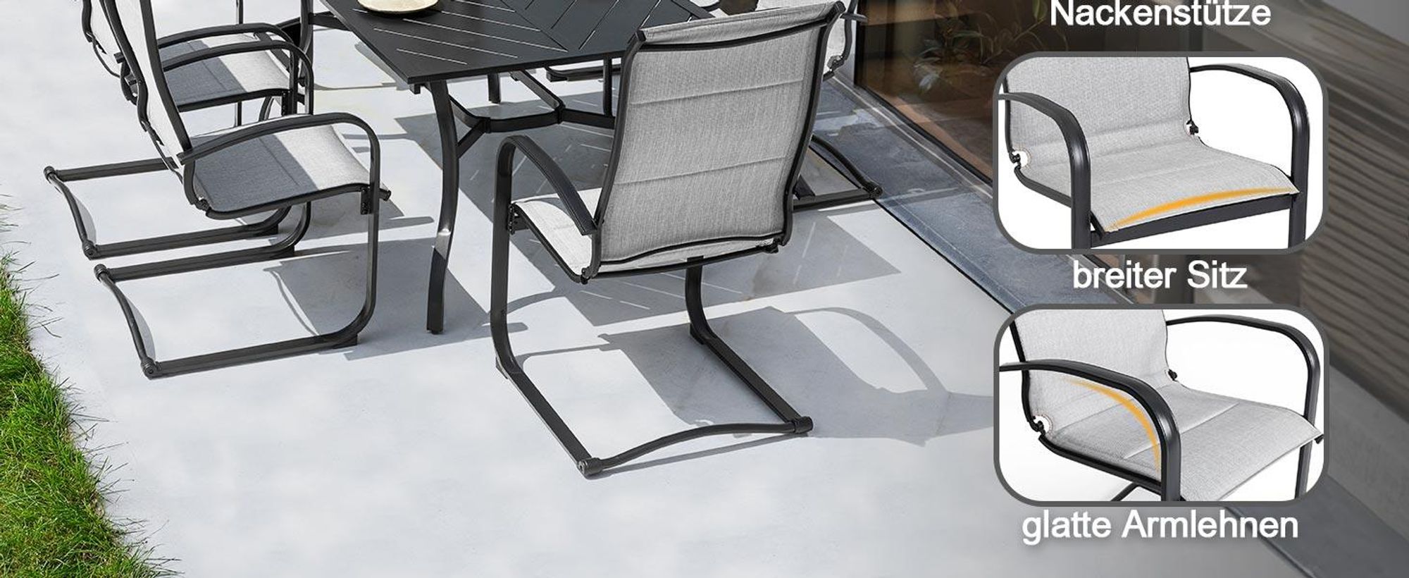 Graue Outdoor Textilene-Metall-Esszimmerstühle (2er-Pack)