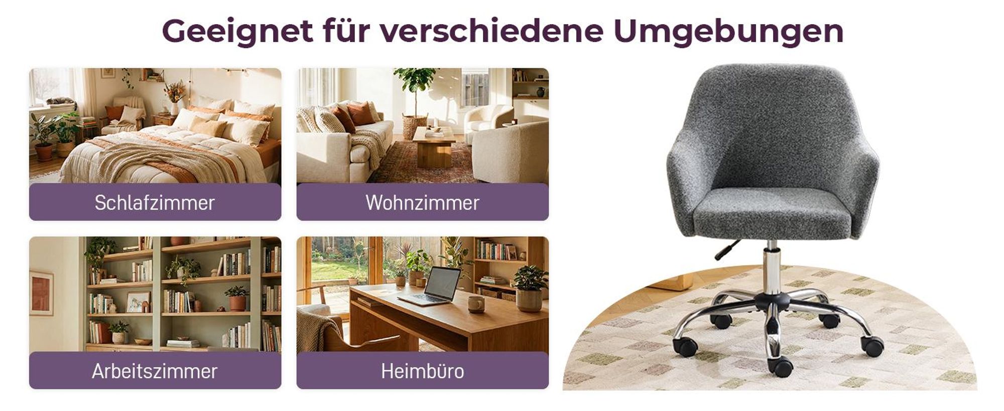 Schreibtischstuhl mit Armlehnen, Drehstuhl mit Rollen, Bürodrehstuhl, Polsterstuhl, Grau
