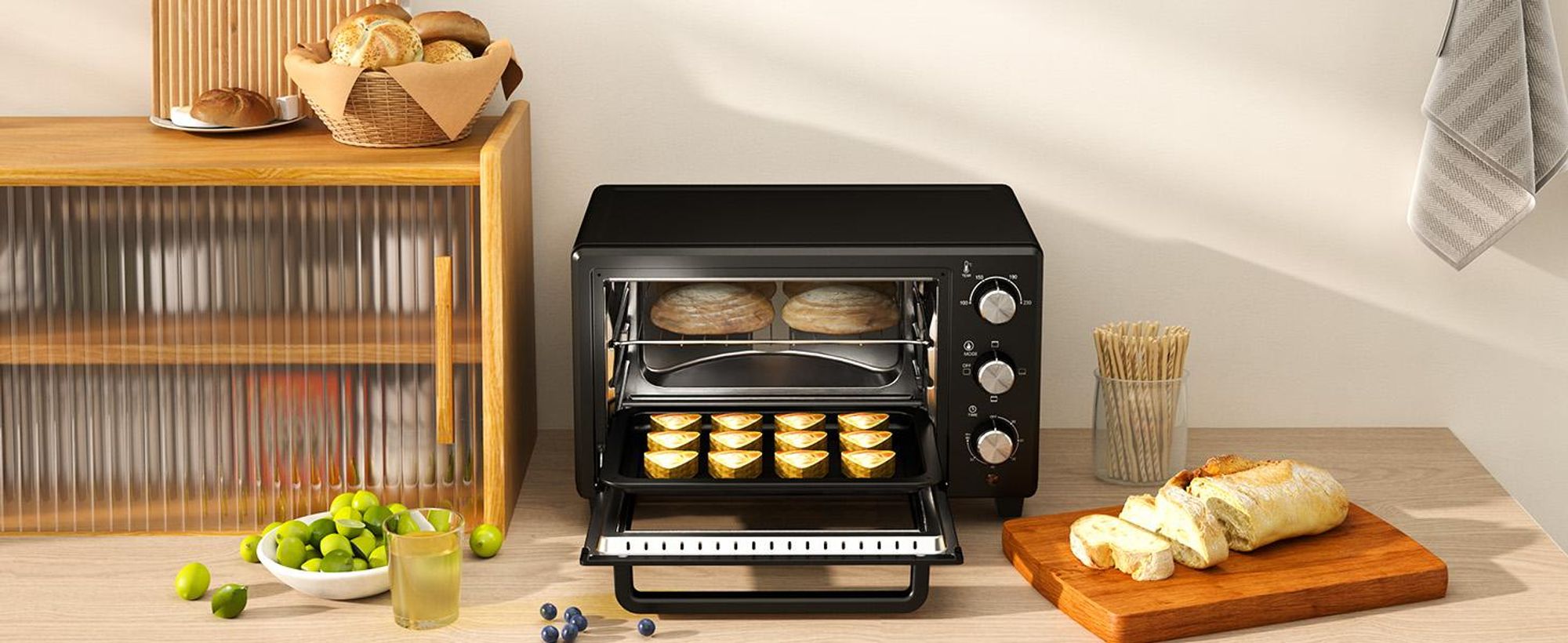 Homcom Minibackofen 32L 1600W Elektrischer Mini Ofen mit Schlackenauffangwanne Metall Edelstahl Glas Silber 52,2 x 38,1 x 33,5 cm, 32 l, Silber, Freistehend, Drehregler, 6 Scheibe(n), 100 - 230 °C