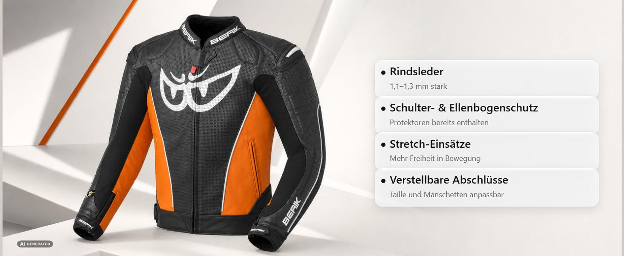 Berik Street Motorrad Lederjacke, schwarz/gelb, 52