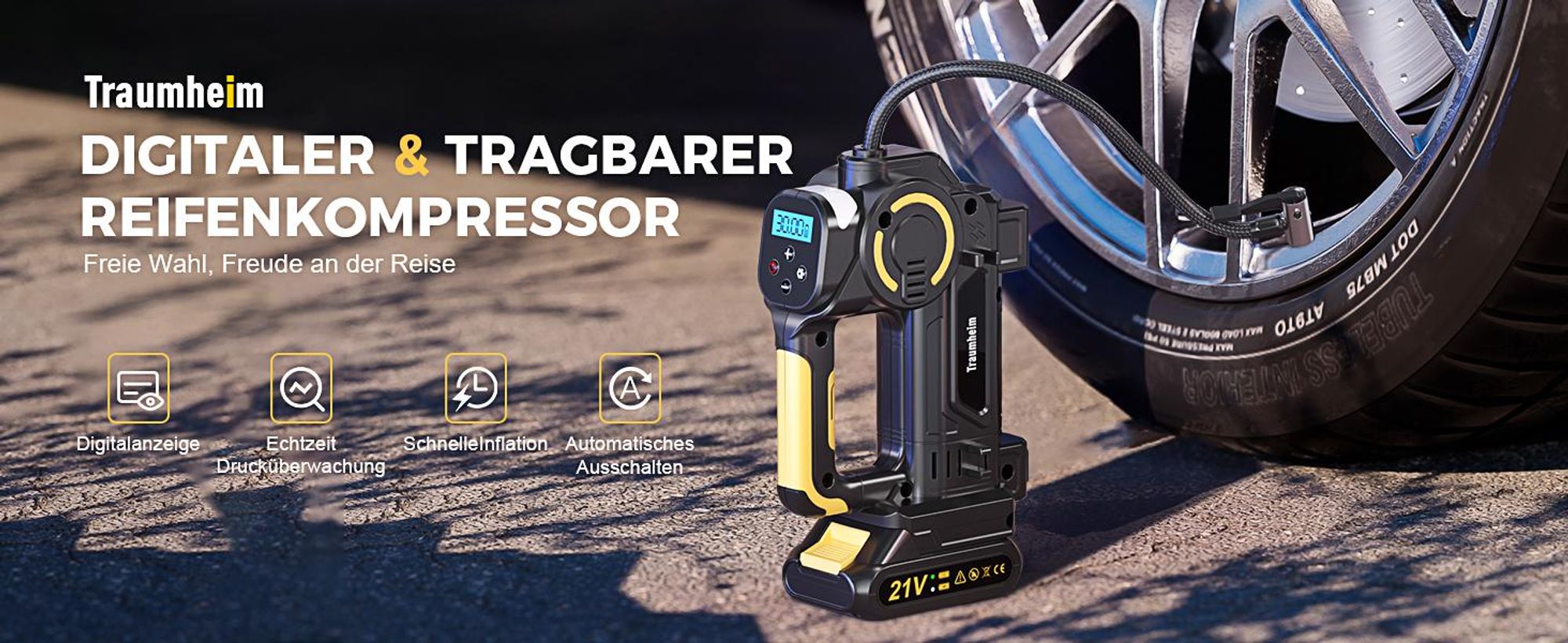 Akku Kompressor 4 in 1: multifunktionale Luftpumpe mit punktgenauer Digitalanzeige & Druckkontrolle, LED-Notleuchte & SOS, mit 1500mAh Akku &Netzkabel