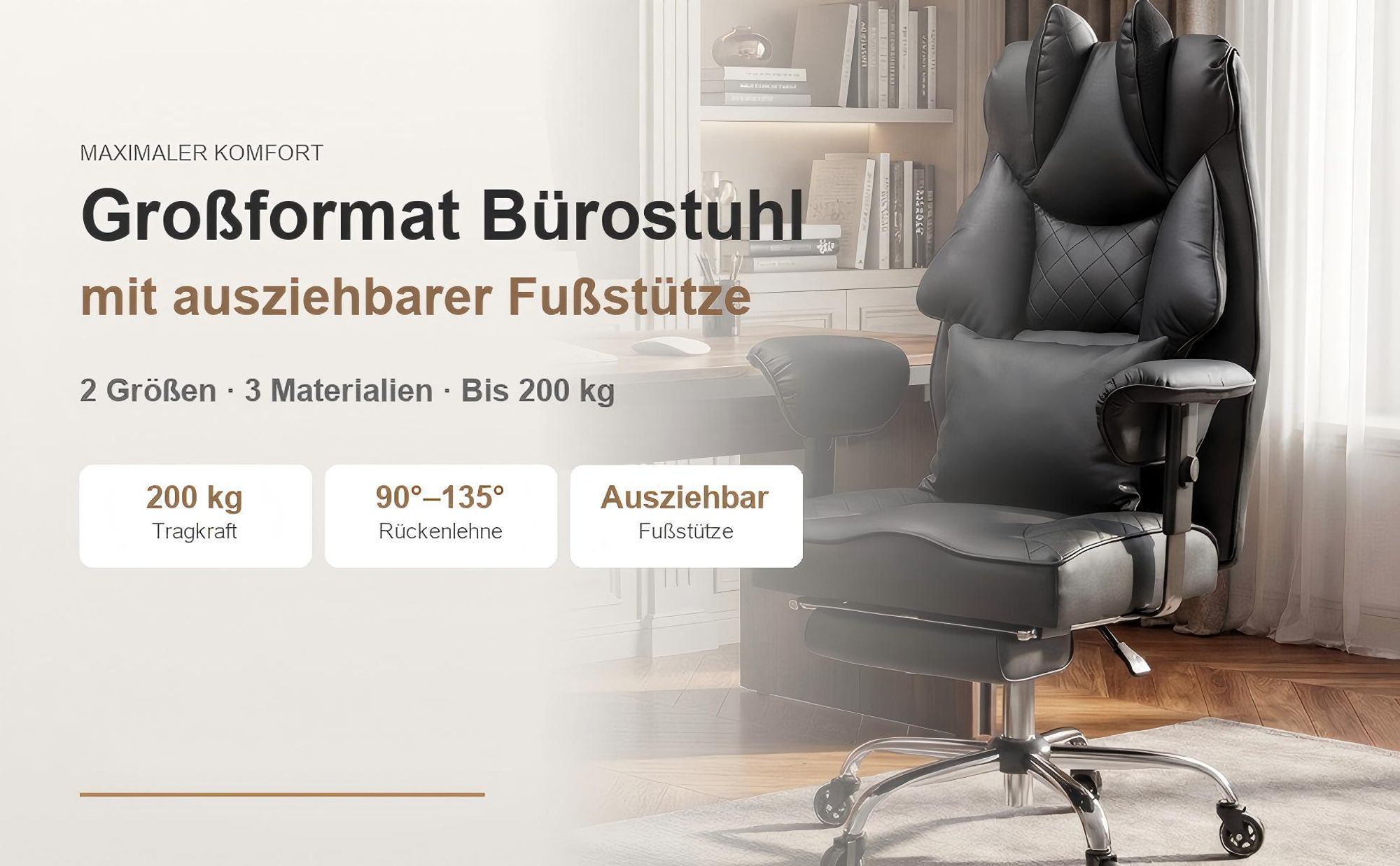 HAPPYHOME XXL Ergonomischer gamingstuhl mit Fußstütze, belastbar bis 200kg,Schreibtischstuhl mit Lendenkissen, Bequem XXL Breiter Sitzfläche