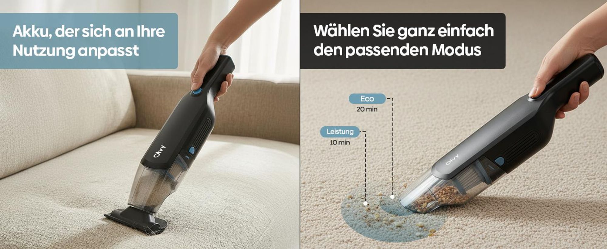 Olvy Handstaubsauger Akku beutellos, kabelloser Mini Staubsauger mit bürstenlosem Motor, inkl. Aufsätze, ideal für Auto, Sofa, Möbel & Tierhaare
