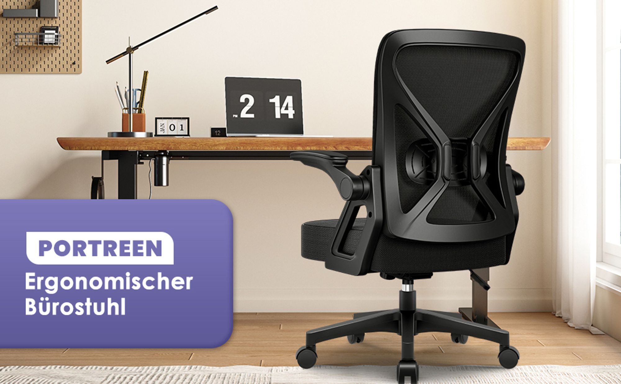 Portreen Bürostuhl, Schreibtischstuhl, bürostuhl ergonomisch mit Verstellbaren Armlehnen, höhenverstellbar,S-förmige Lendenstütze,Chefsessel 150kg