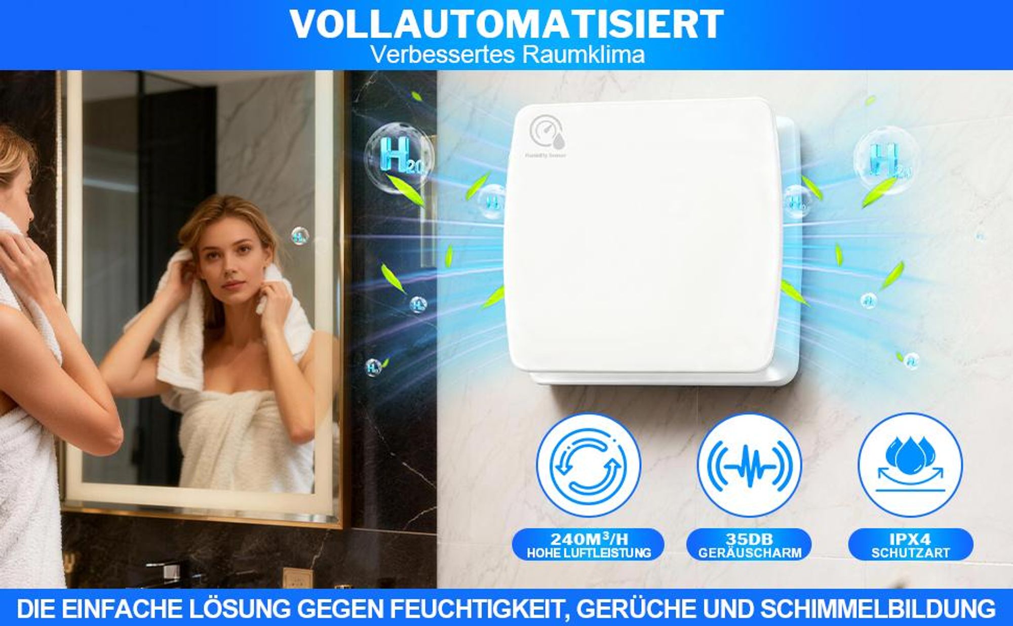 150mm 18W/35db Badlüfter Leiser Wandventilator, 240m³/h Kräftiger mit Feuchtigkeitssensor, Rücklaufklappe Lüfter, Nachlauf für Küche Bad WC, Weiß