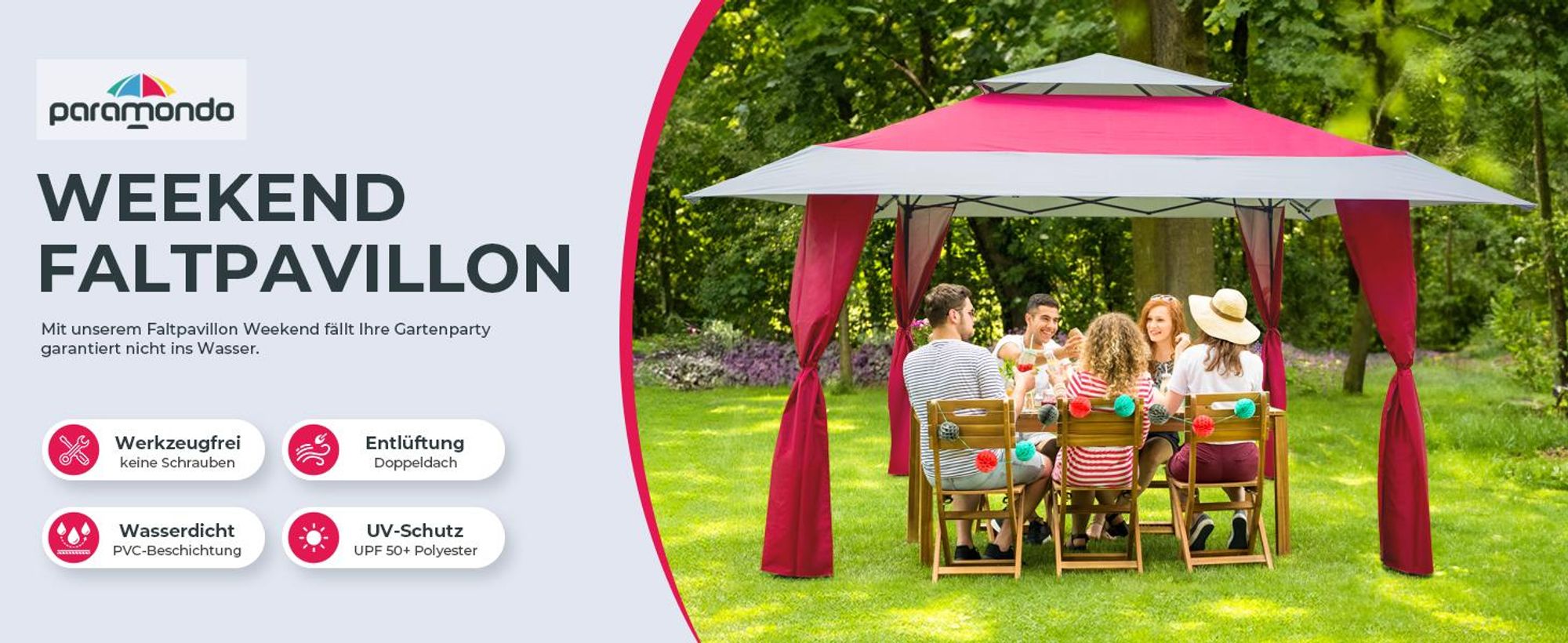 paramondo Faltpavillon Weekend, 4 x 4 m Dach / 3 x 3 m Gestell / anthrazit + 4 Stützenverkleidungen wasserdichtes Doppeldach, 3x3 m Stahlgestell, UV 50+, anthrazit/bordeaux + Transporttasche mit Rollen
