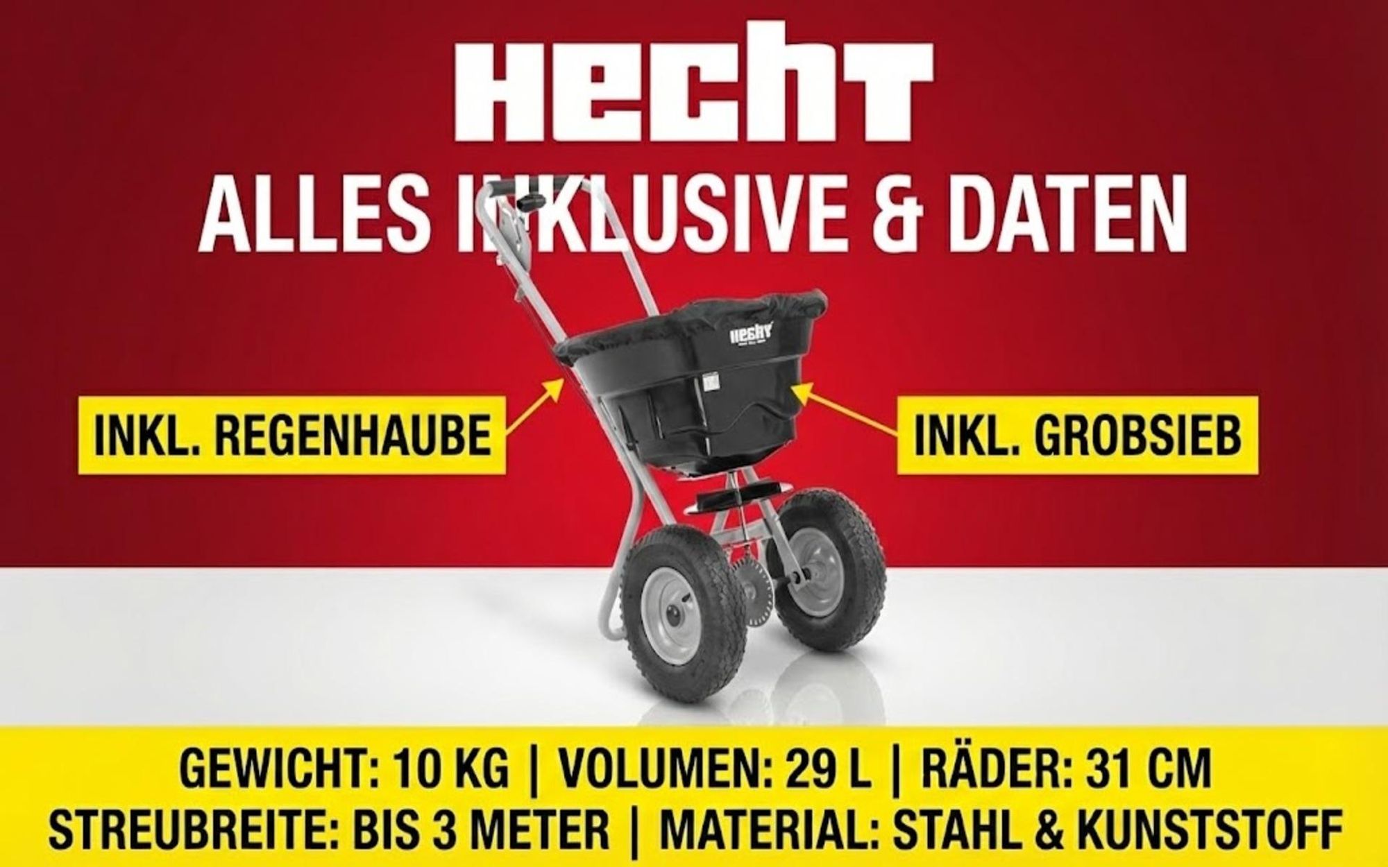 HECHT 229 Streuwagen mit Schutzabdeckung | 29 Liter | bis 36 kg | Trichtersieb | Dünger Saatgut Streuer