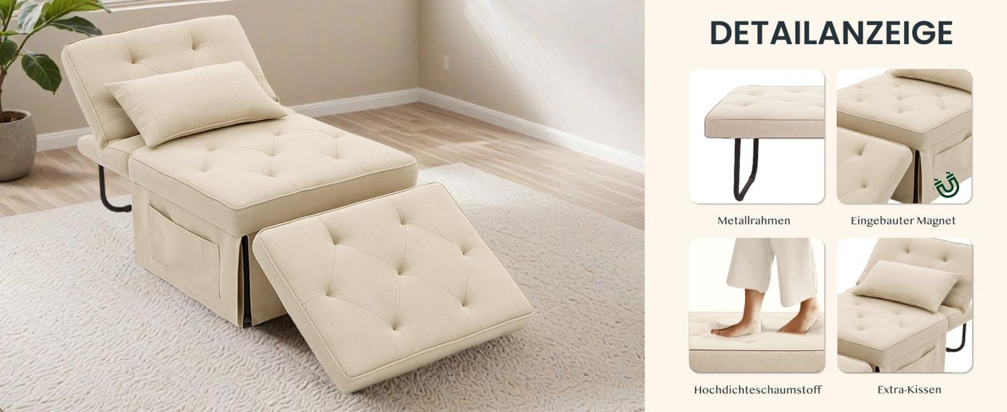 FLEXISPOT 4-in-1 Schlafsofa Klappbett Einzelsofa mit klappbarem Hocker, Kissen & 5-fach verstellbarer Rückenlehne, Schlafsessel für Gästezimmer Beige