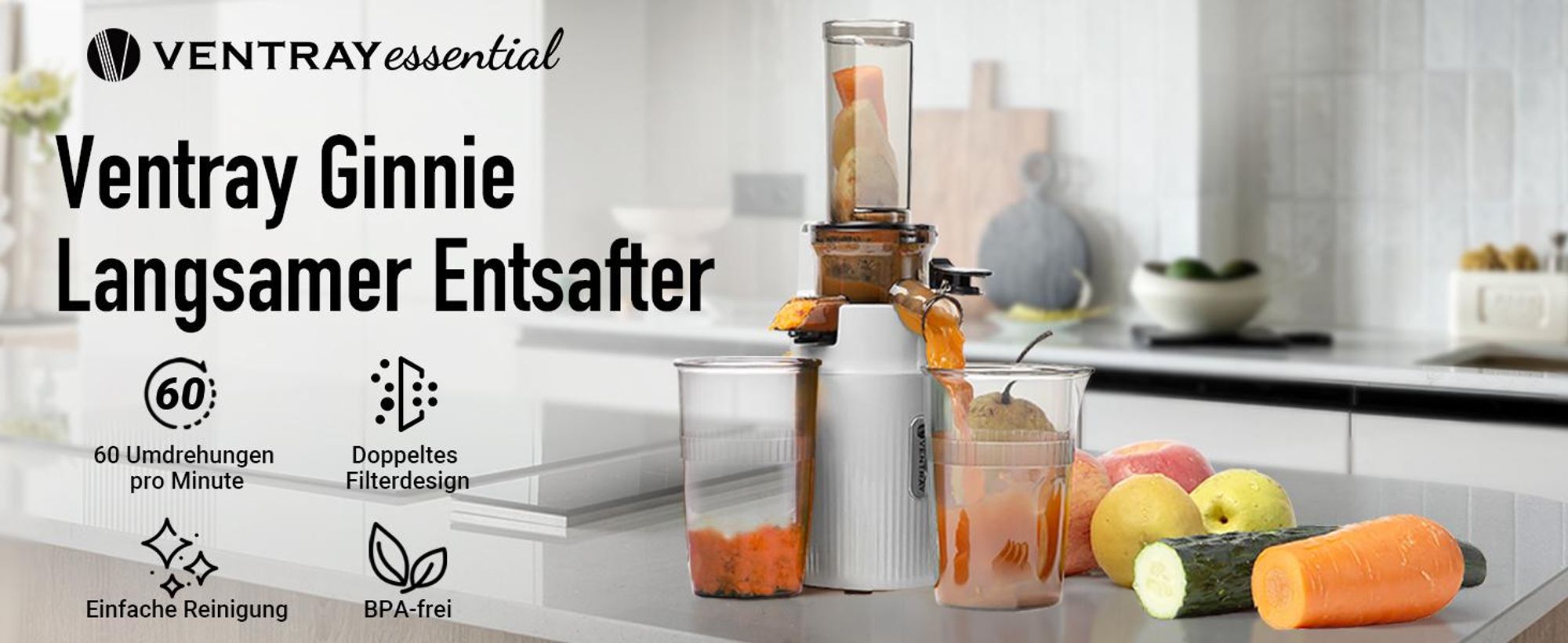 Ventray Essential Ginnie - Kaltpress Entsafter, Slow Juicer Kompakt & Leise (60 U/min, 45mm Einfüllöffnung), BPA-frei, 400ml, Einfache Reinigung