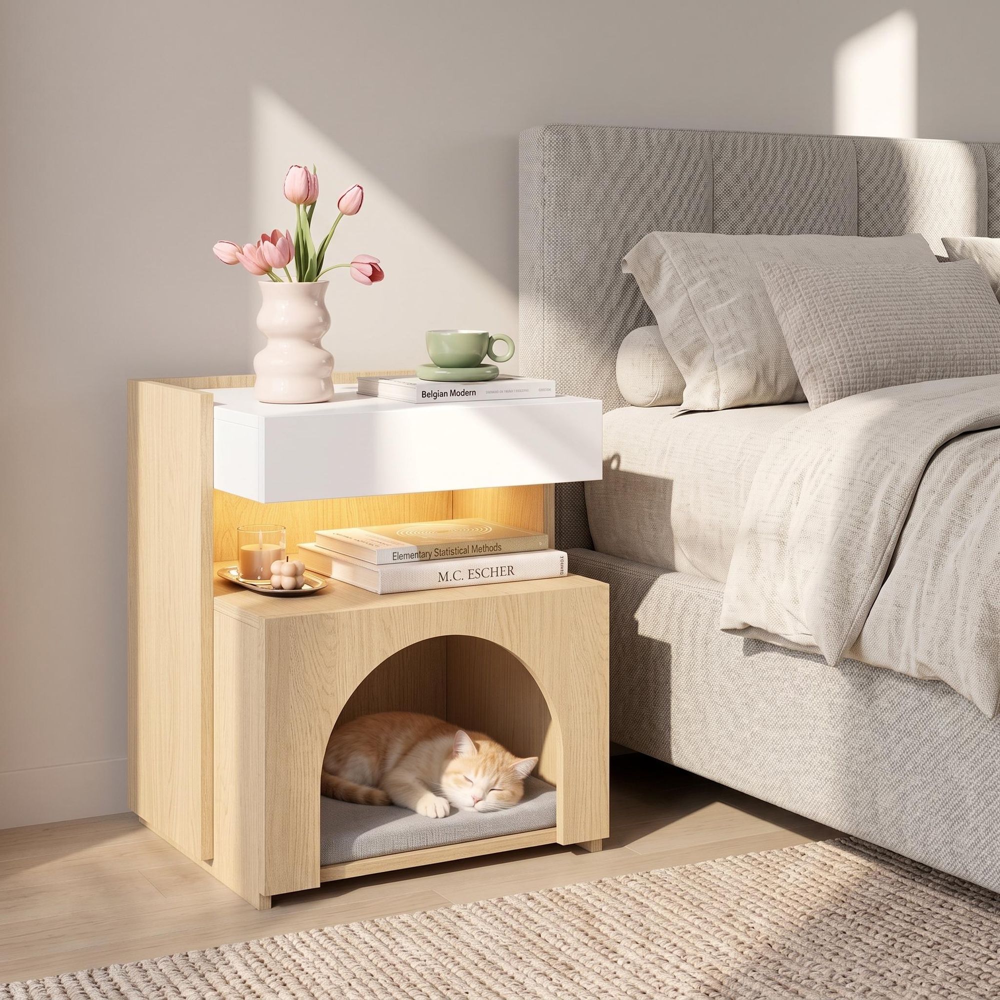 Flieks Nachttisch mit Katzenbett, multifunktionaler Beistelltisch mit LED-Beleuchtung, Haustiermöbel mit Stauraum, 47x39x58 cm, Weiß+Natur