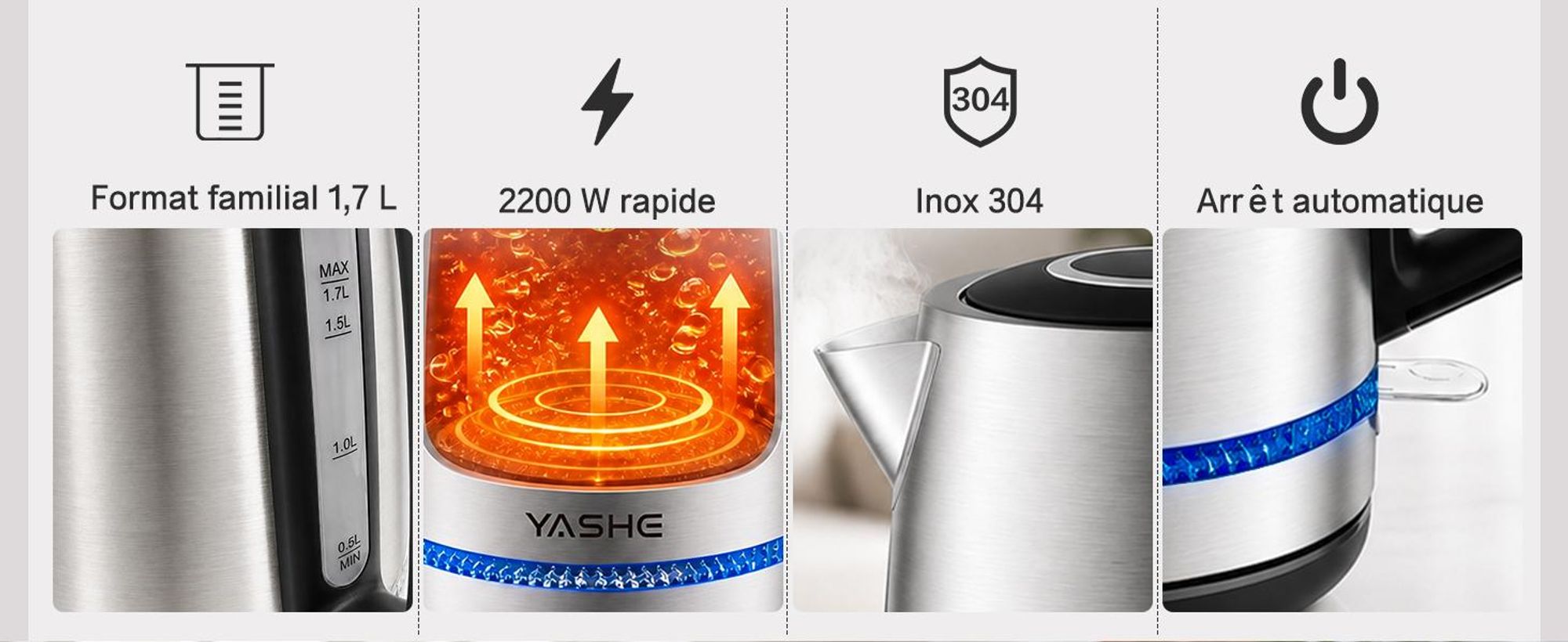YASHE Wasserkocher Edelstahl 1,7L 2200W Mit Kalkfilter