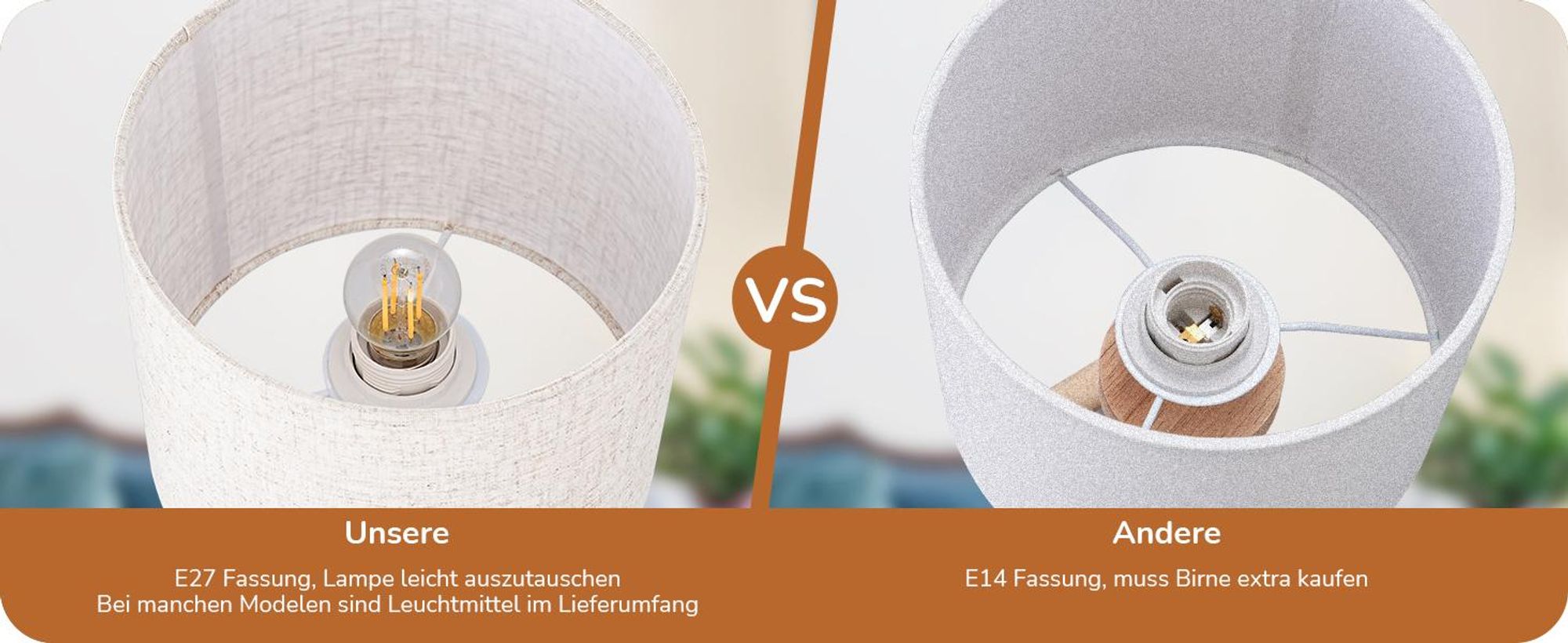 EDISHINE Nachttischlampe mit Schirm, Tischlampe Holz, Vintage Landhaus, Orange