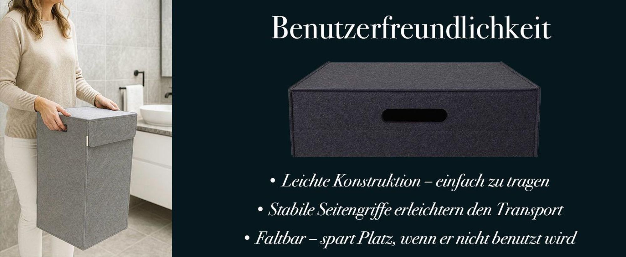 Wäschekorb aus Filz mit Deckel – faltbarer Filzkorb, kalandriert gegen Feuchtigkeit, stabiler Aufbewahrungskorb, Grau/Anthrazit, hergestellt in der EU