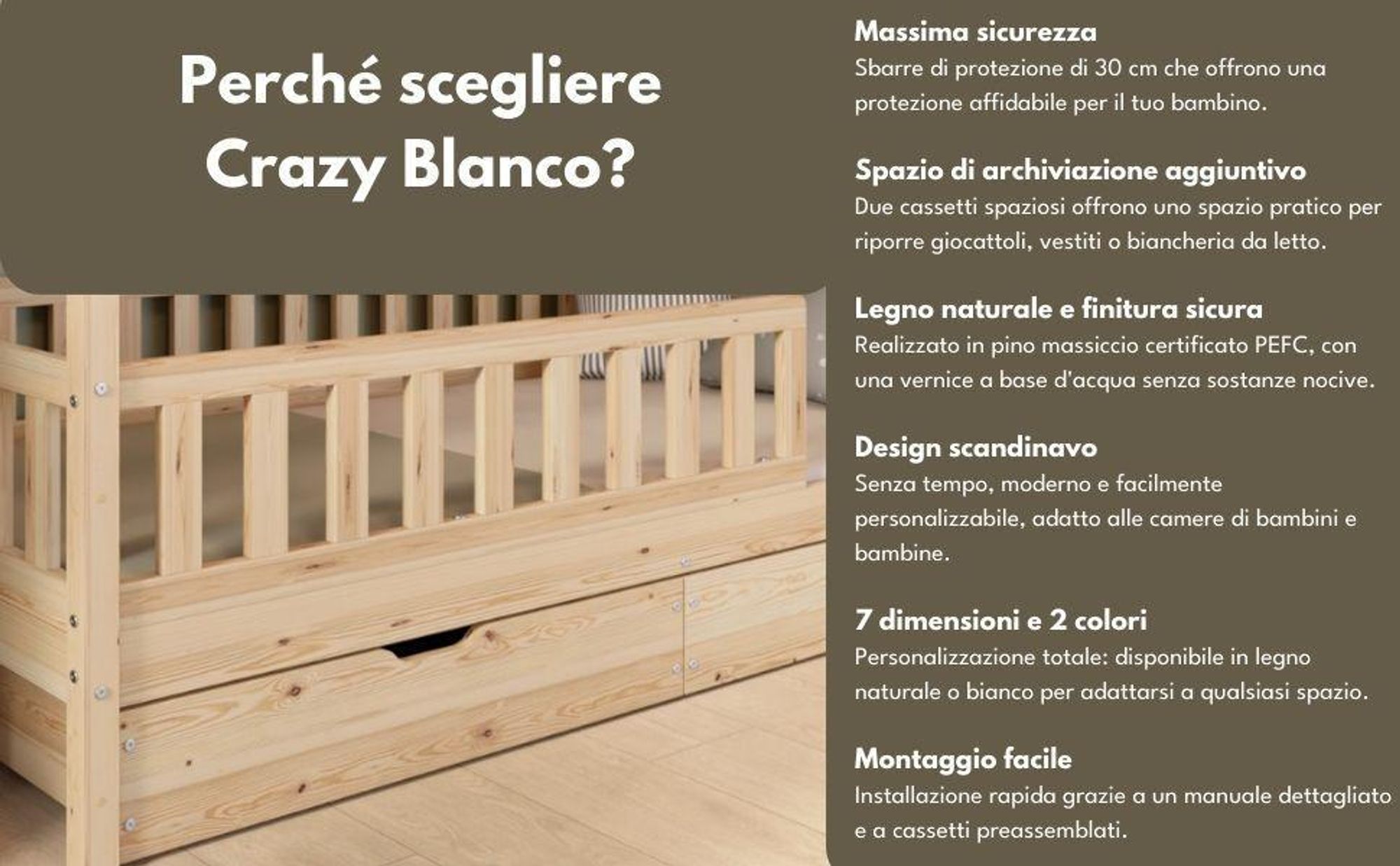 Crazy Pine Letto a Casetta con Cassetto 120x200 cm – Letto Montessori da Pavimento in Legno Naturale – Contenitore Integrato – Crazy Blanco