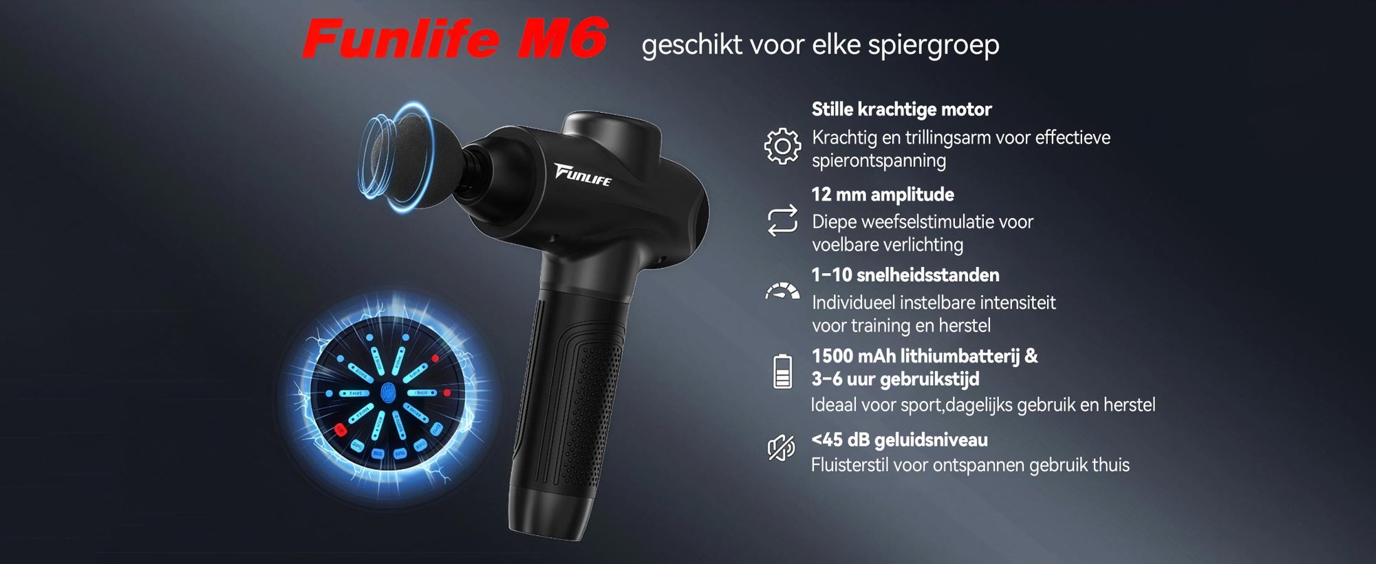 FunLife M6 massagepistool & fasciepistool – 12 mm amplitude, 3200 omwentelingen per minuut, 10 standen, 6 massagekoppen, USB-C, stille werking (<45 dB), LED-verlichting, USB-C, platina grijs