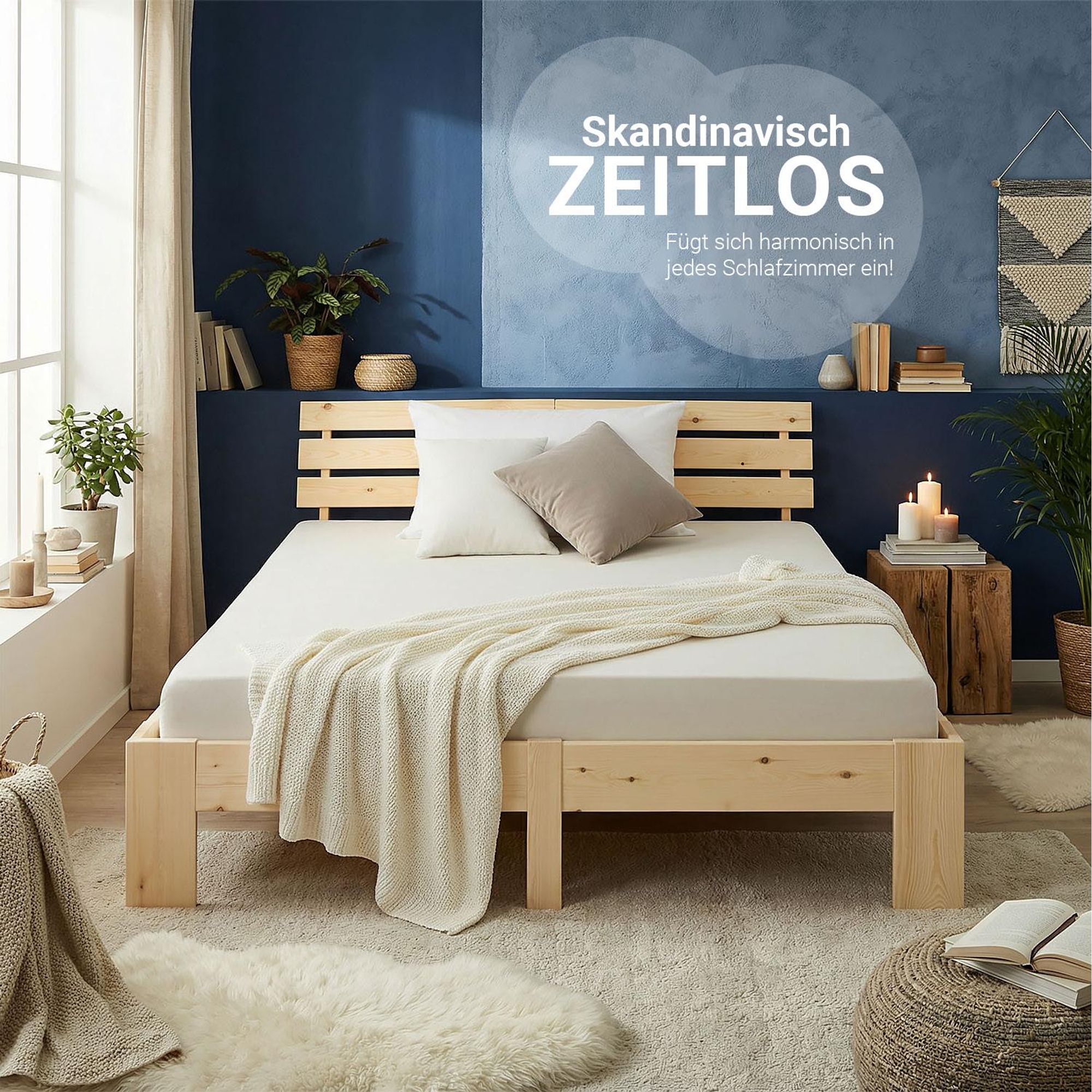 Homestyle4u Holzbett 180x200 Doppelbett mit Lattenrost Natur Kiefer Massivholz